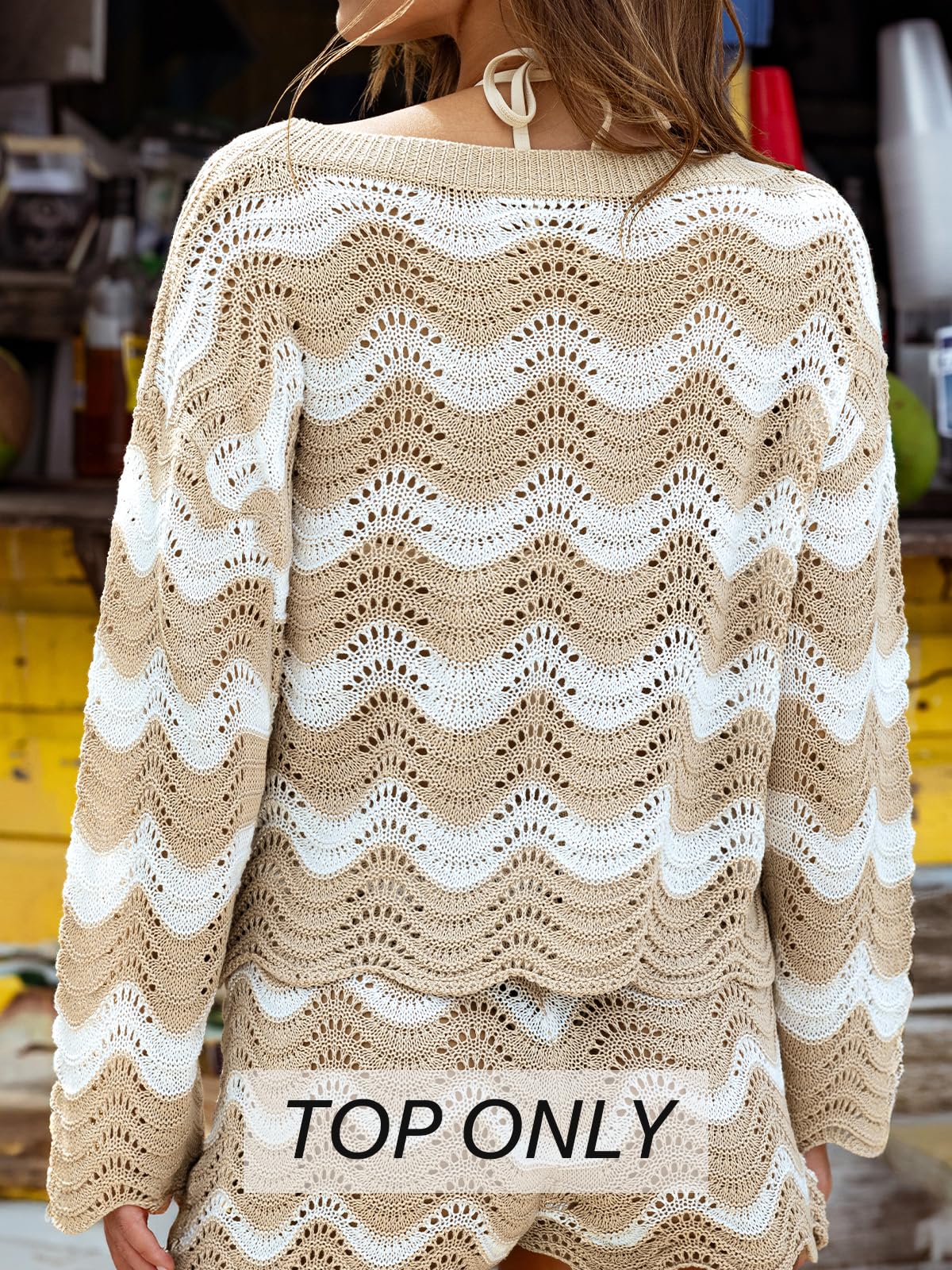 CUPSHE Women's Crochet Cover Up Long Sleeve Striped Beach Cover Up Top Summer Casual Knit Tops for Swimwear(Top Only) Neutral Stripes, M