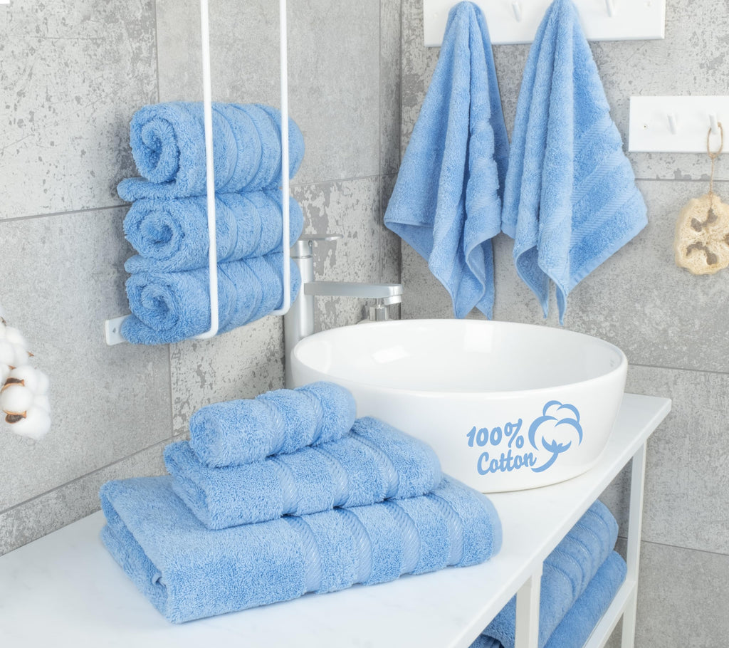 American Soft Linen Luxury 6 Piece Towel Set, 2 Bath Towels 2 Hand Towel 2 Washcloths, 600 GSM 100% Cotton Turkish Towels for Bathroom, Sky Blue Towel Sets