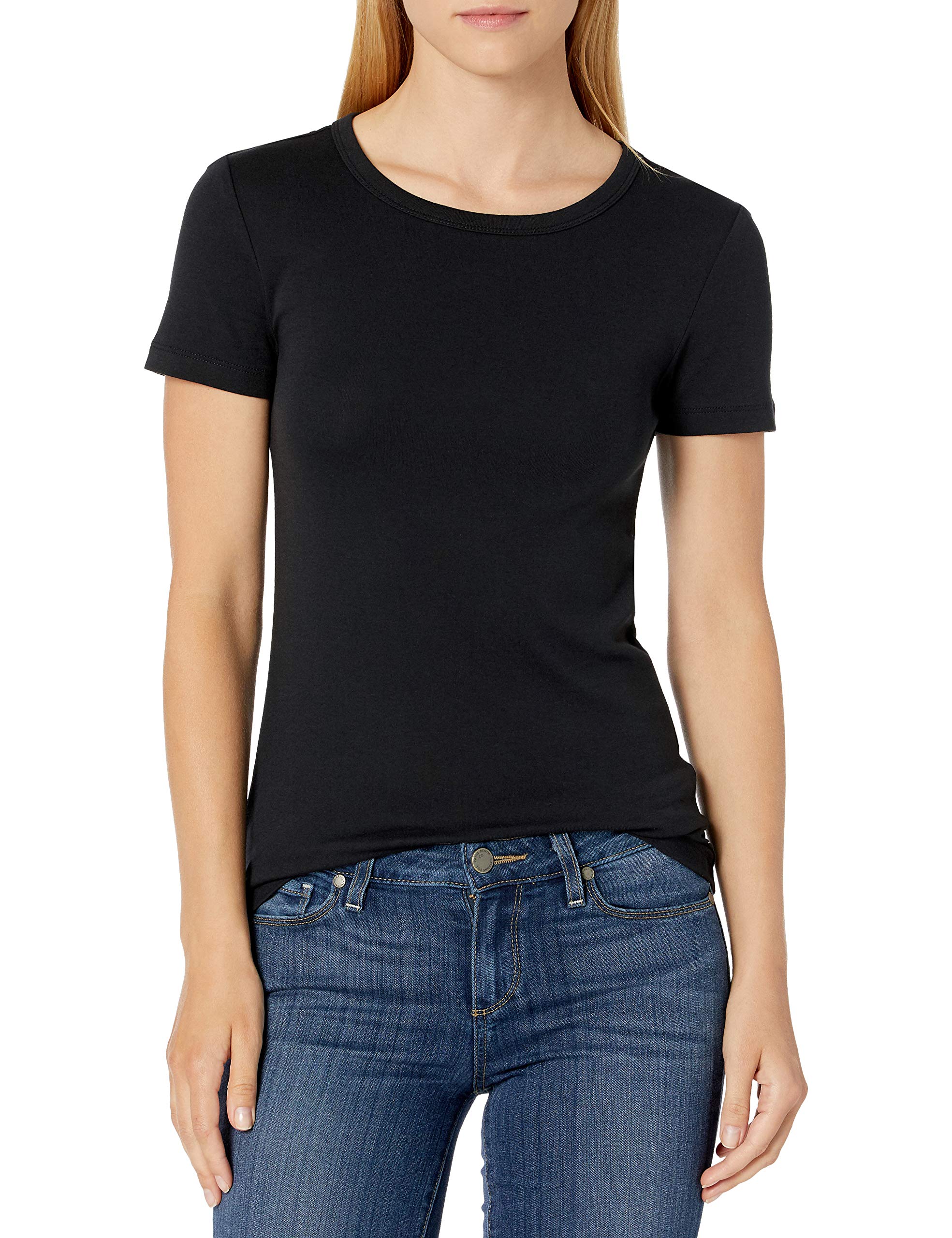 Amazon Essentials Women's Slim-Fit Short-Sleeve Crewneck T-Shirt, Pack of 2, Black/White, Small