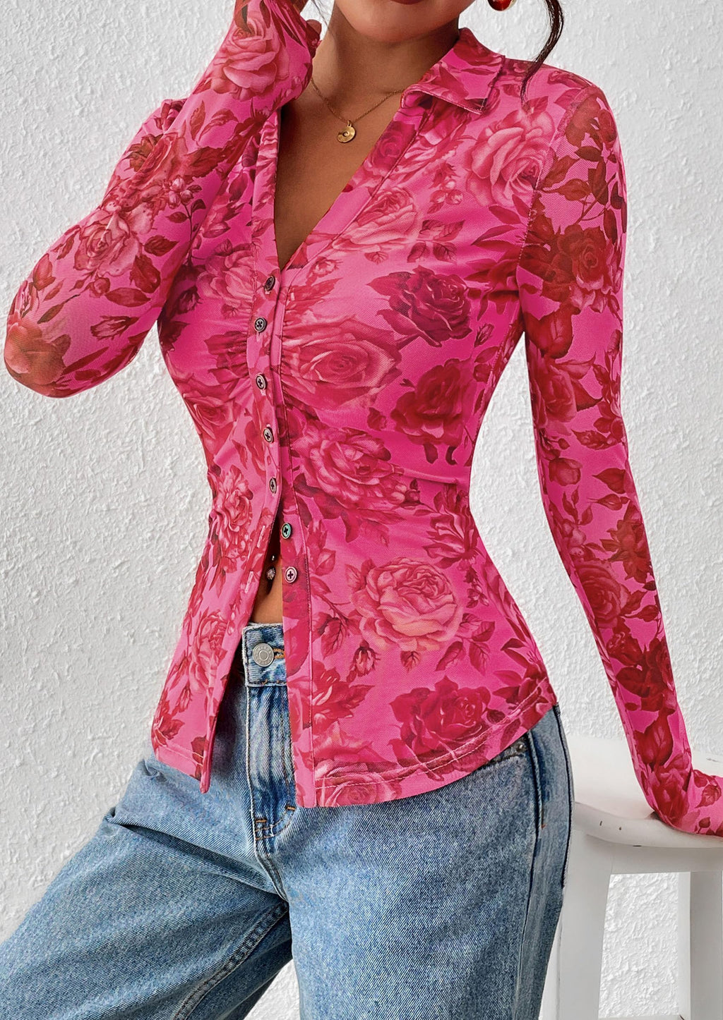 PRETTYGARDEN Women Button Down Floral Shirts 2026 Fall Trendy Long Sleeve V Neck Mesh Boho Blouse Spring Tops Date Outfits (Pink Red Floral,Large)