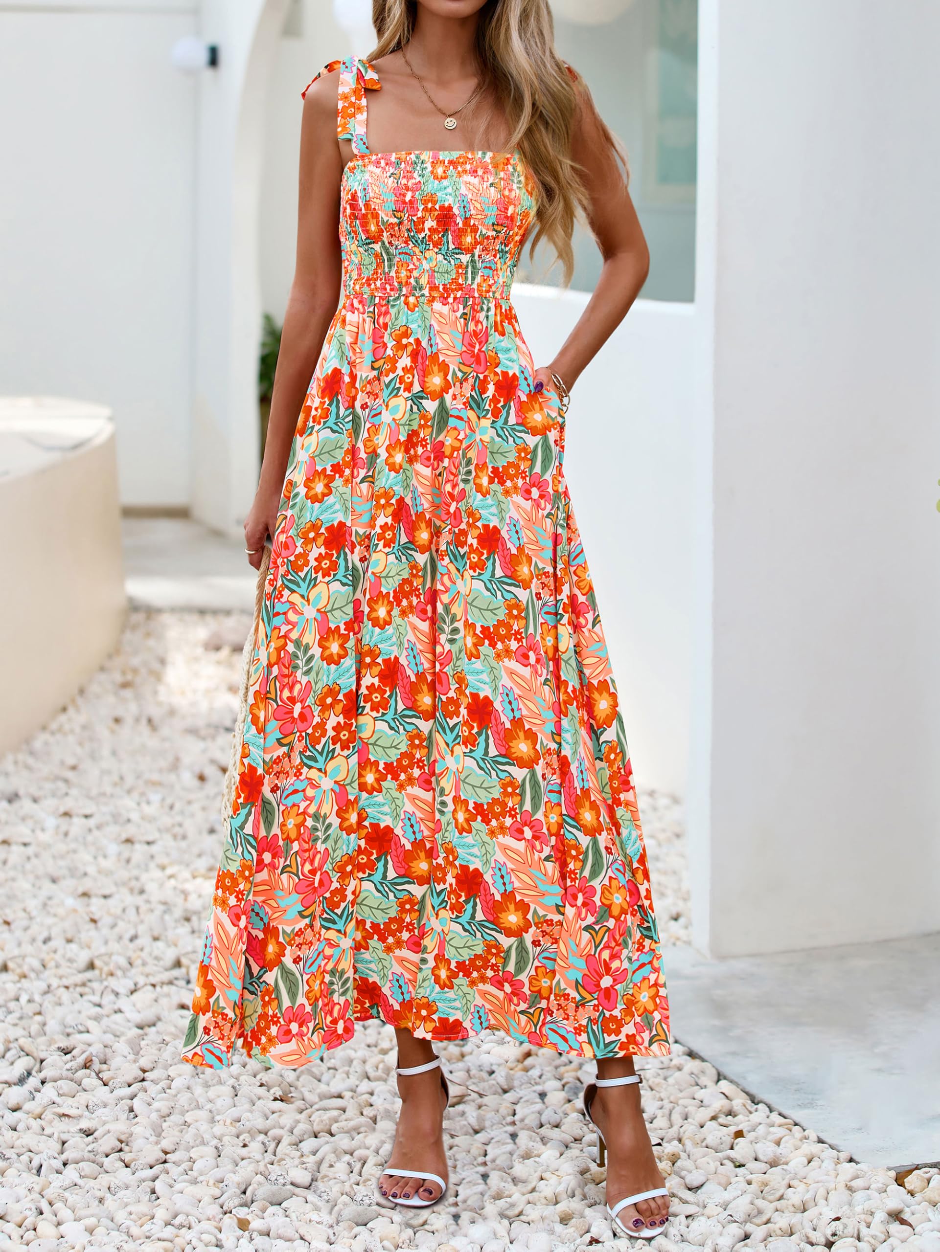 PRETTYGARDEN Womens Summer Dresses Floral Sleeveless Smocked Maxi Dress Boho Spaghetti Strap A Line Flowy Beach Long Sundress(Light Apricot Orange Flower,X-Large)