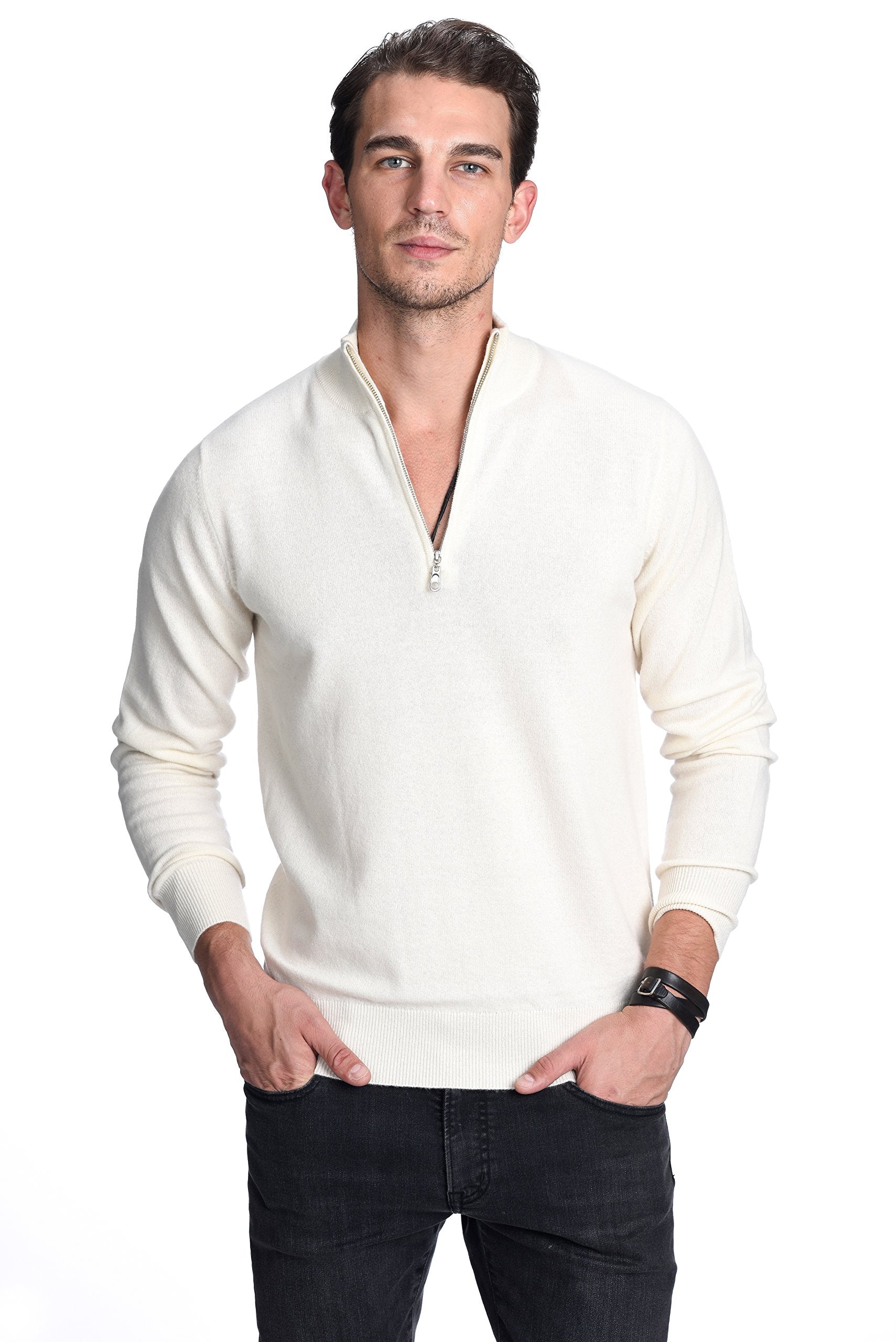State Cashmere Men's Half Zip Mock Neck Sweater 100% Pure Cashmere Polo Neck Pullover (Undyed White, Medium)