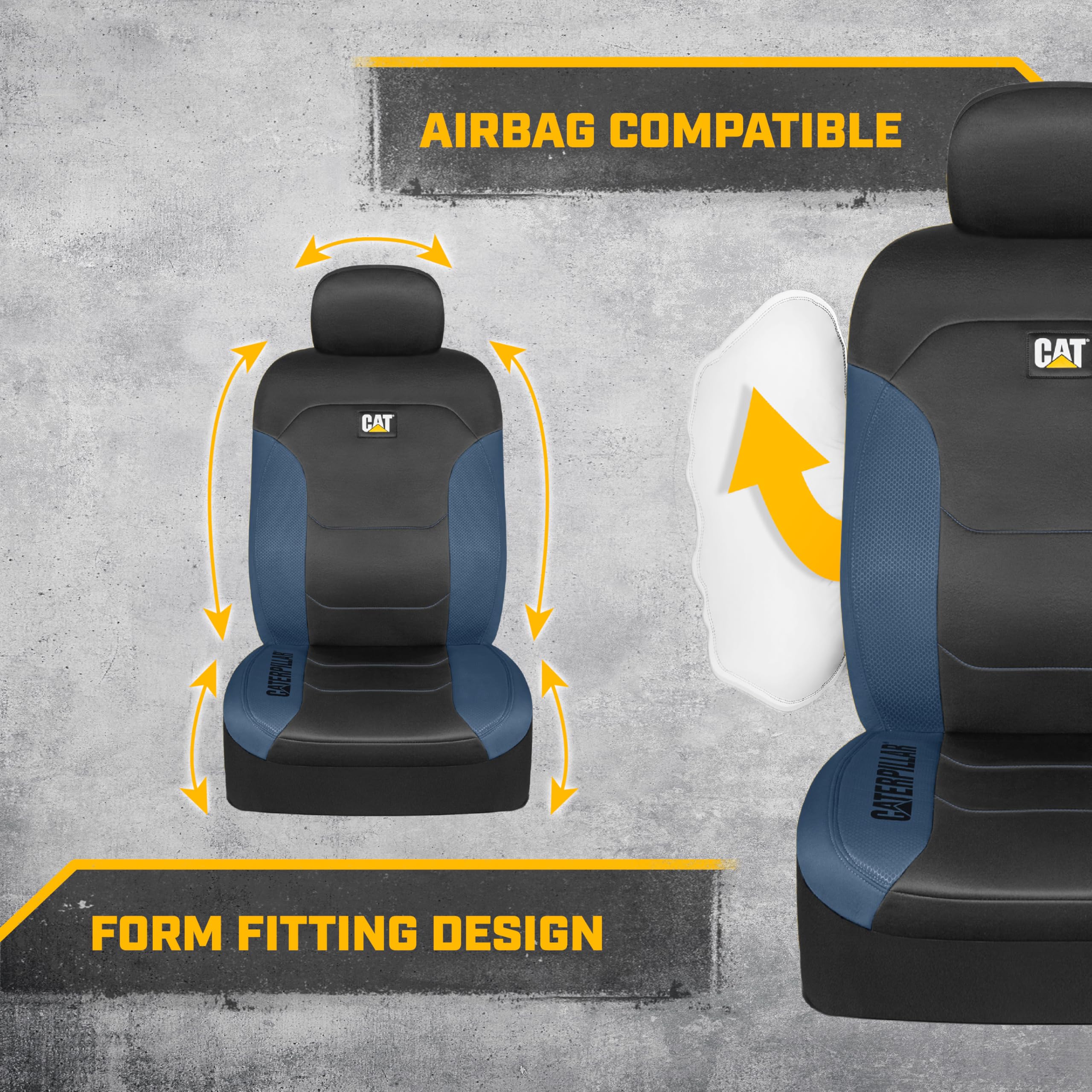 CAT Flexfit Black Blue Seat Covers for Cars, Trucks, & SUV - (2) Front Car Seat Cover Front Seat Protectors - Airbag Compatible Seat Covers for SUV Interior Covers & Truck Seat Cover Car Accessories