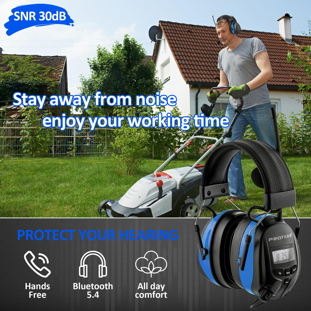 Upgraded Bluetooth 5.4 Radio Headphone with Gel Ear Pads,Ear Hearing Protection Earmuffs with Boom Mic,Rechargeable Battery,Digital AM/FM Radio Headphones for Mowing Yard Lawn Work Outdoor (Blue)