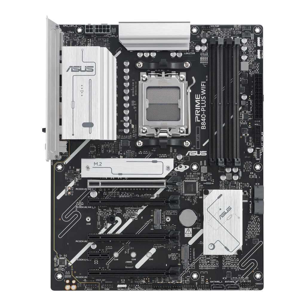 ASUS Prime B840-PLUS WiFi AMD AM5 B840 ATX Motherboard, Advanced AI Ready, DDR5, PCIe 4.0, 3X M.2, Wi-Fi 6E, 2.5Gb LAN, DisplayPort, HDMI™, USB 10Gbps Type-A & Type-C®, BIOS Flashback™, Aura Sync RGB