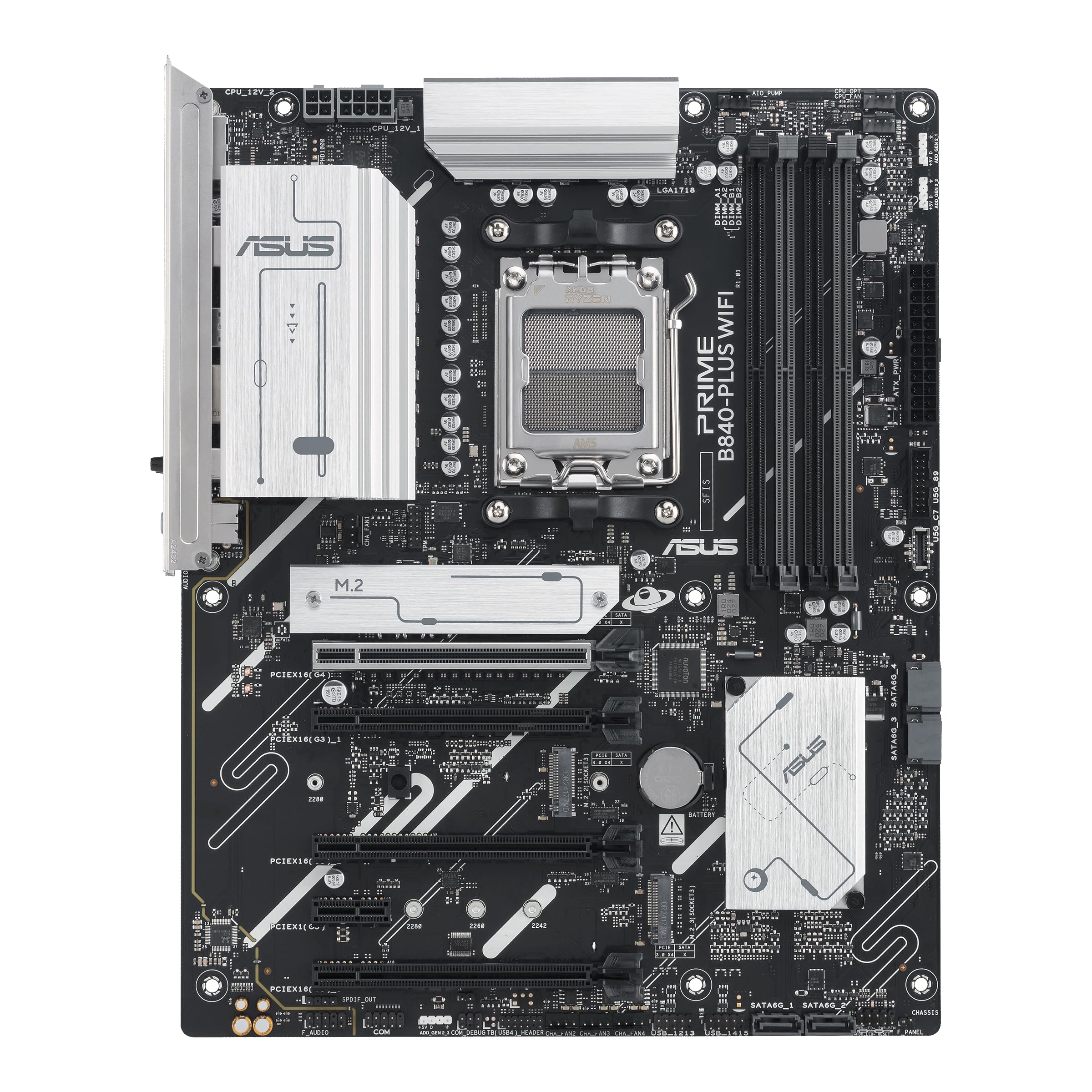 ASUS Prime B840-PLUS WiFi AMD AM5 B840 ATX Motherboard, Advanced AI Ready, DDR5, PCIe 4.0, 3X M.2, Wi-Fi 6E, 2.5Gb LAN, DisplayPort, HDMI™, USB 10Gbps Type-A & Type-C®, BIOS Flashback™, Aura Sync RGB