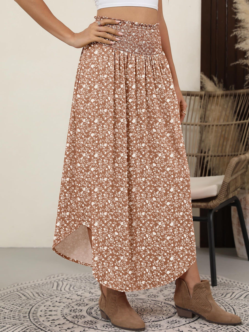 ANRABESS Women's Maxi Skirts Summer Boho Floral High Waisted Flowy Swing Pleated Beach Long Skirt with Pockets Brown Large