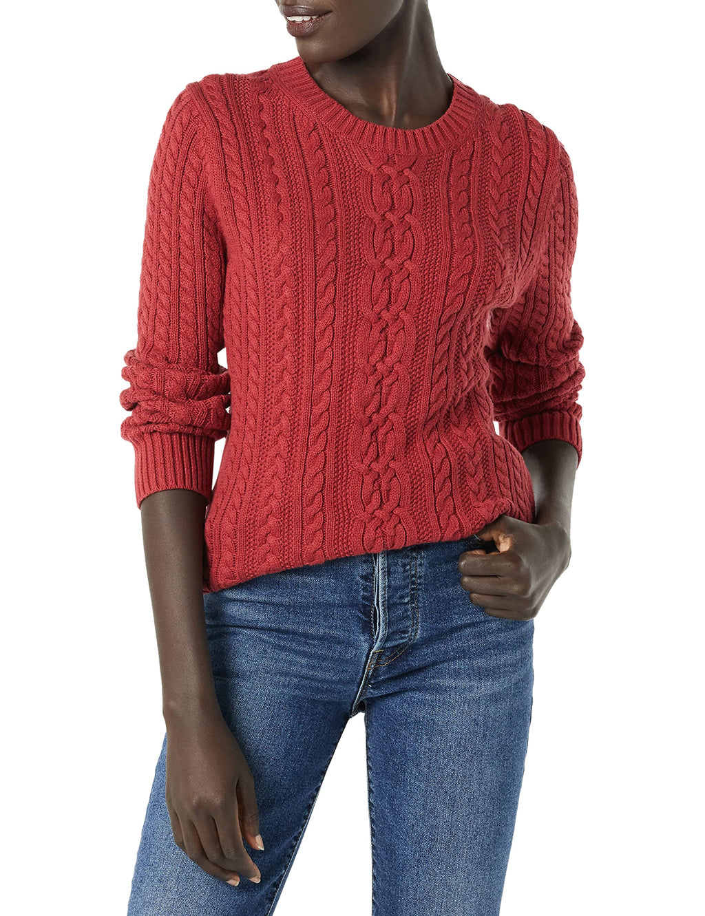 Amazon Essentials Women's Soft Fisherman Cable Knit Long-Sleeve Crewneck Sweater (Available in Plus Size), Dark Red, Large
