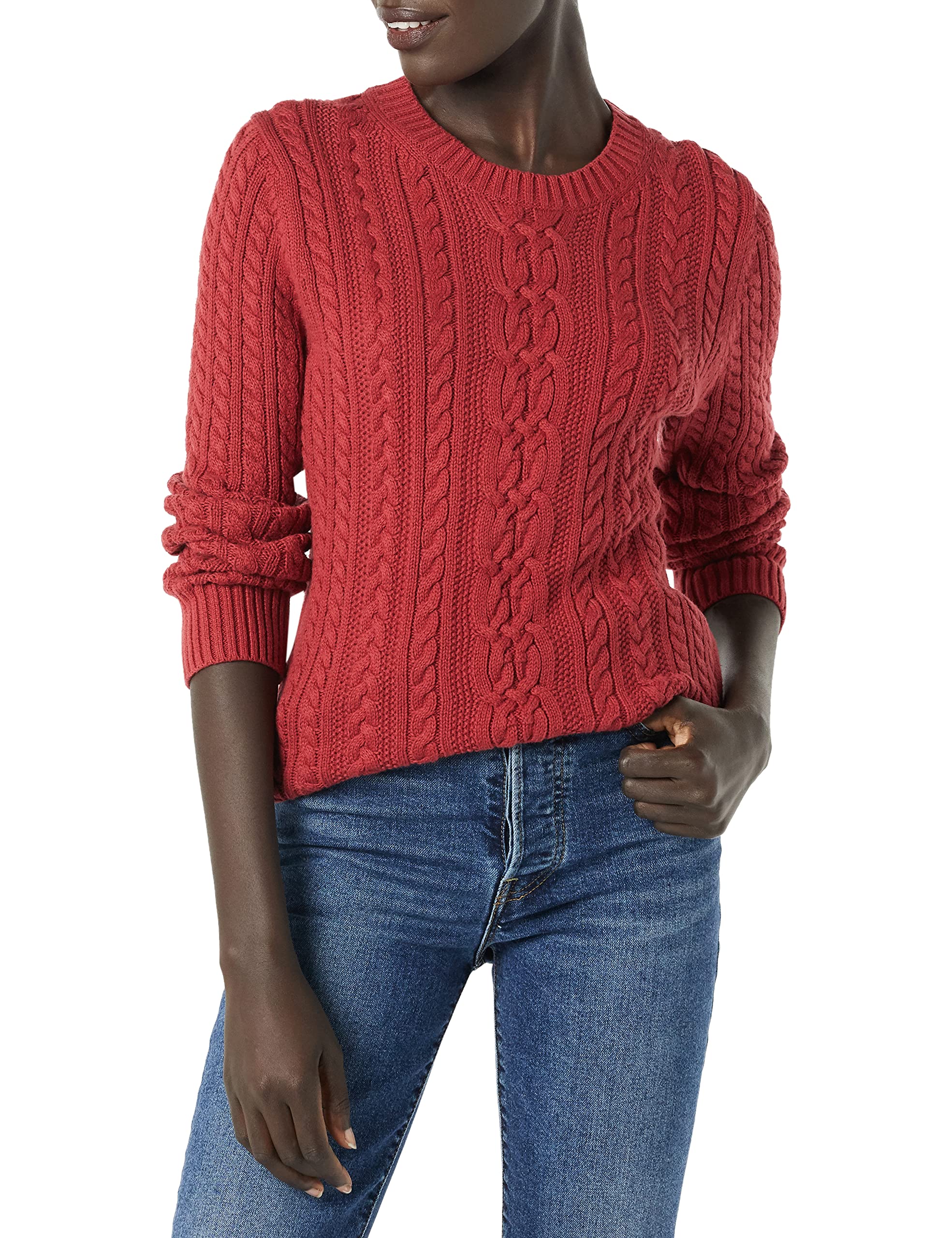 Amazon Essentials Women's Soft Fisherman Cable Knit Long-Sleeve Crewneck Sweater (Available in Plus Size), Dark Red, Large