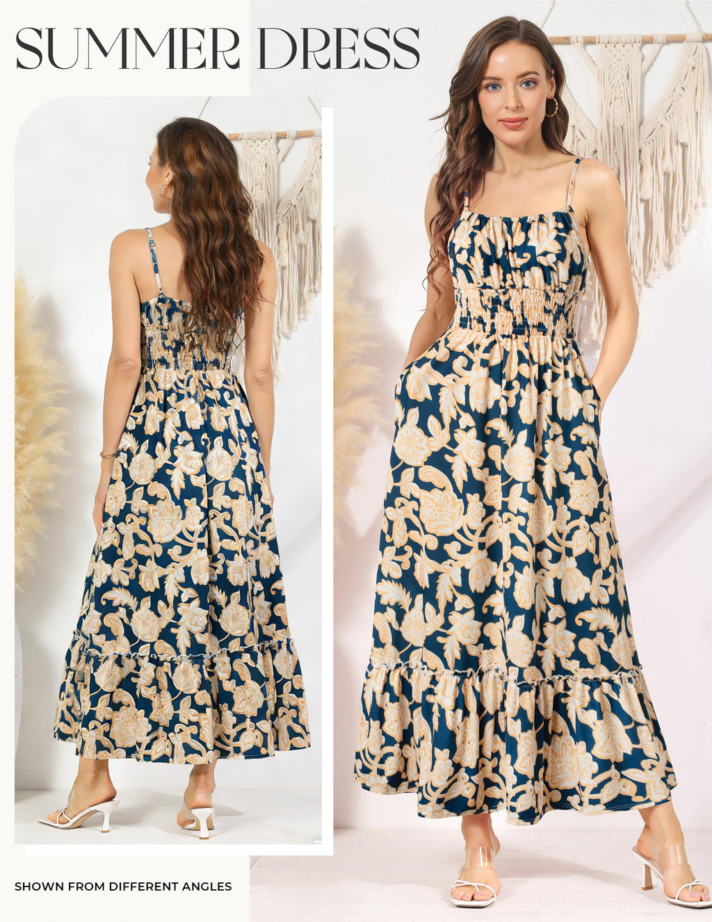 GRACE KARIN Summer Dresses for Women 2026 Vacation,Smocked Floral Maxi Dresses,Boho Beach Long Sundress Navy Flower M