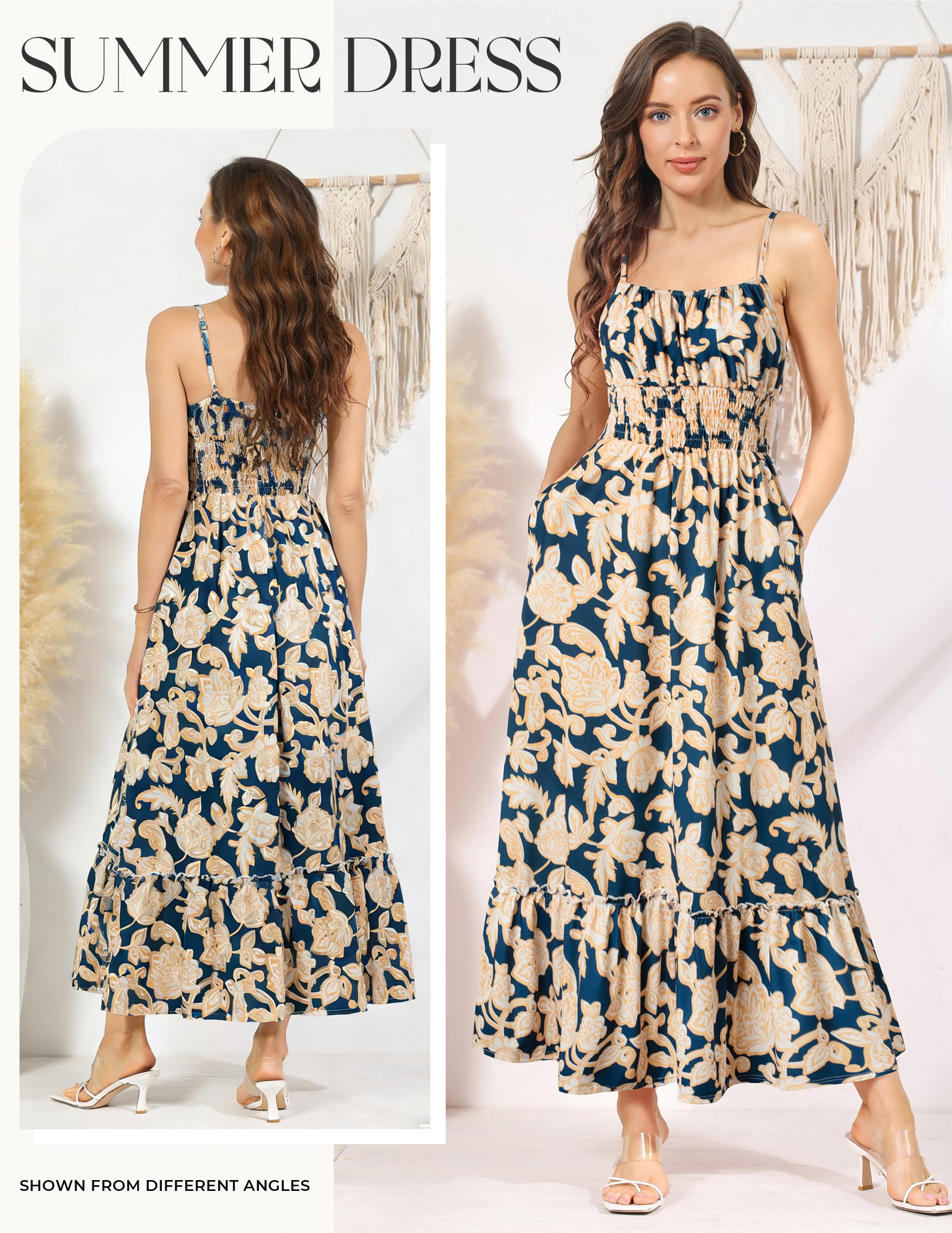 GRACE KARIN Summer Dresses for Women 2026 Vacation,Smocked Floral Maxi Dresses,Boho Beach Long Sundress Navy Flower M
