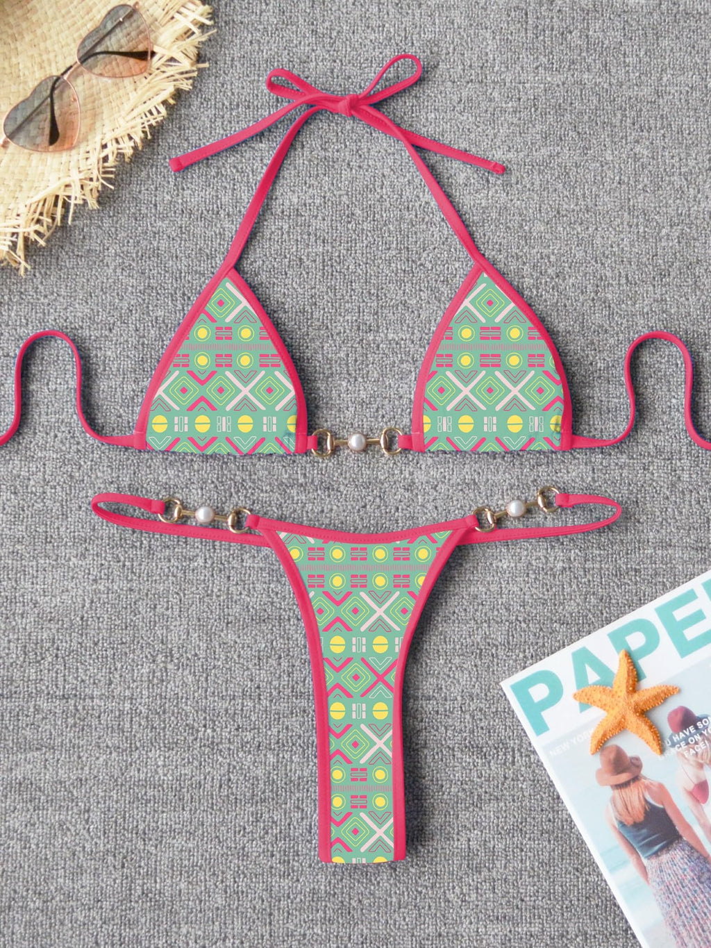 TASHEHE Women's Triangle Thong Bikini Set Sexy String Brazillian Two Piece Swimsuit Cute Bikini Bathing Suit - Green/Geometric - Small