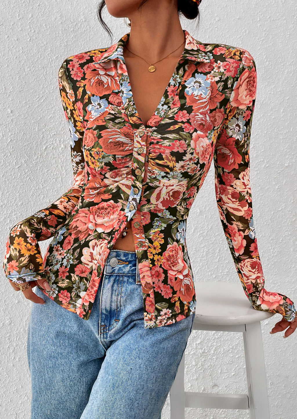 PRETTYGARDEN Women Button Down Floral Shirts 2026 Fall Trendy Long Sleeve V Neck Mesh Boho Blouse Spring Tops Date Outfits (Black Floral,Large)
