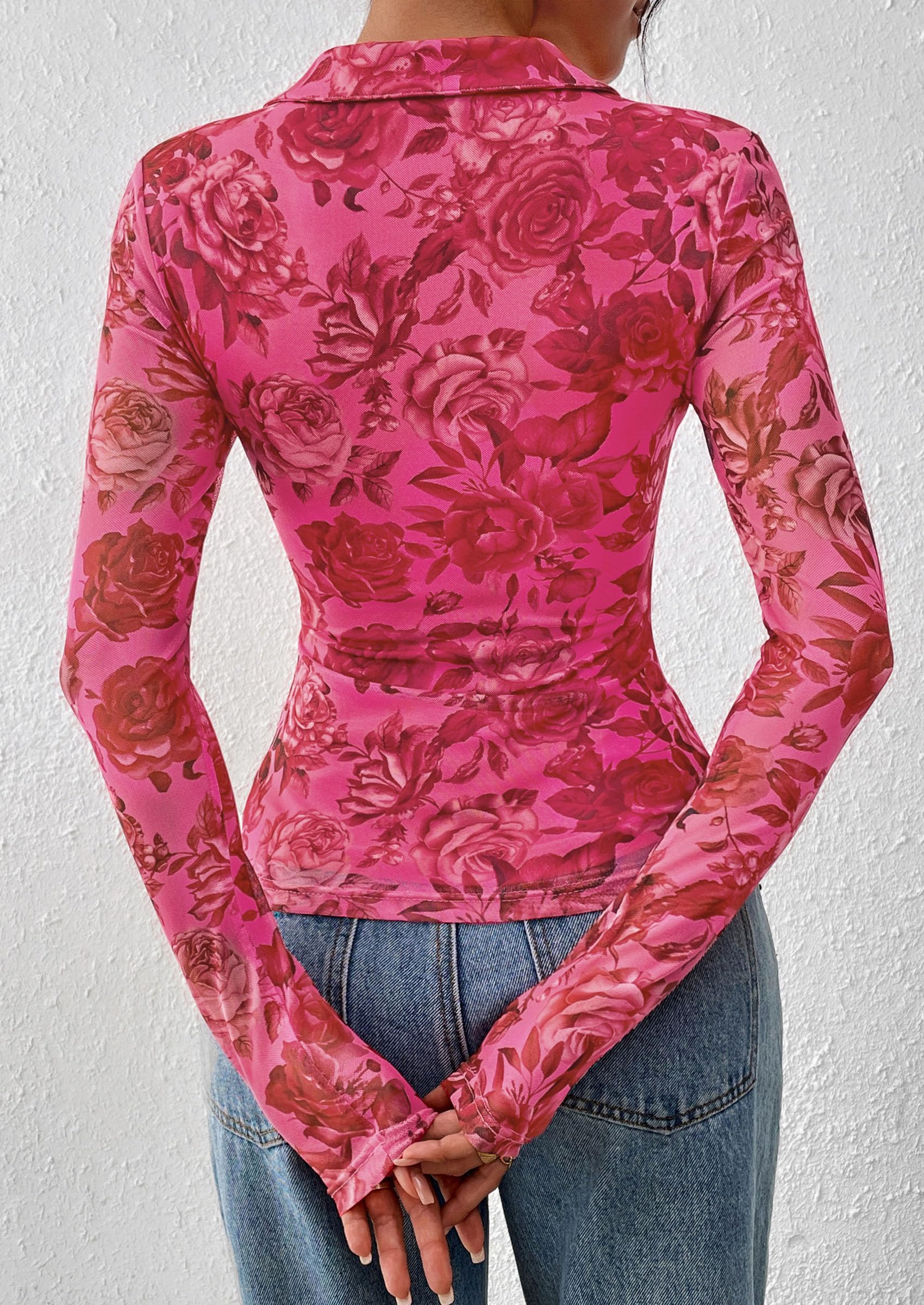 PRETTYGARDEN Women Button Down Floral Shirts 2026 Fall Trendy Long Sleeve V Neck Mesh Boho Blouse Spring Tops Date Outfits (Pink Red Floral,Large)
