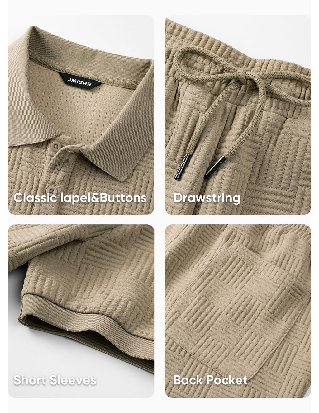 JMIERR Men's Summer Beach Outfit 2 Piece Set Short Sleeve Textured Polo and Drawstring Shorts Casual Vacation Wear, Large, Light French Beige