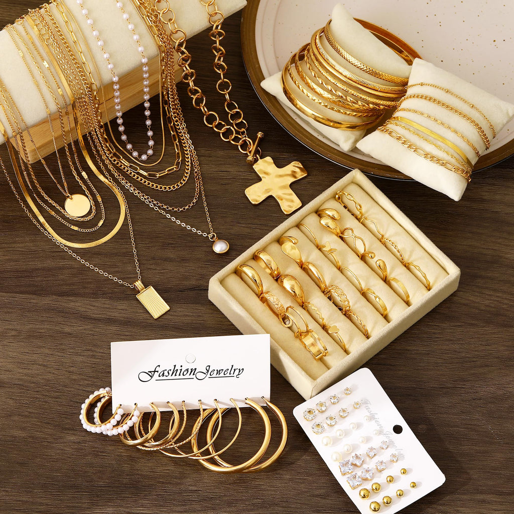 FANDY 137 Pieces Gold Jewelry Set for Women, 12 Necklace, 14 Bracelet, 21 Earrings, 24 Knuckle Rings, 66 Hair Accessory, Gold Jewelry for Women Gift