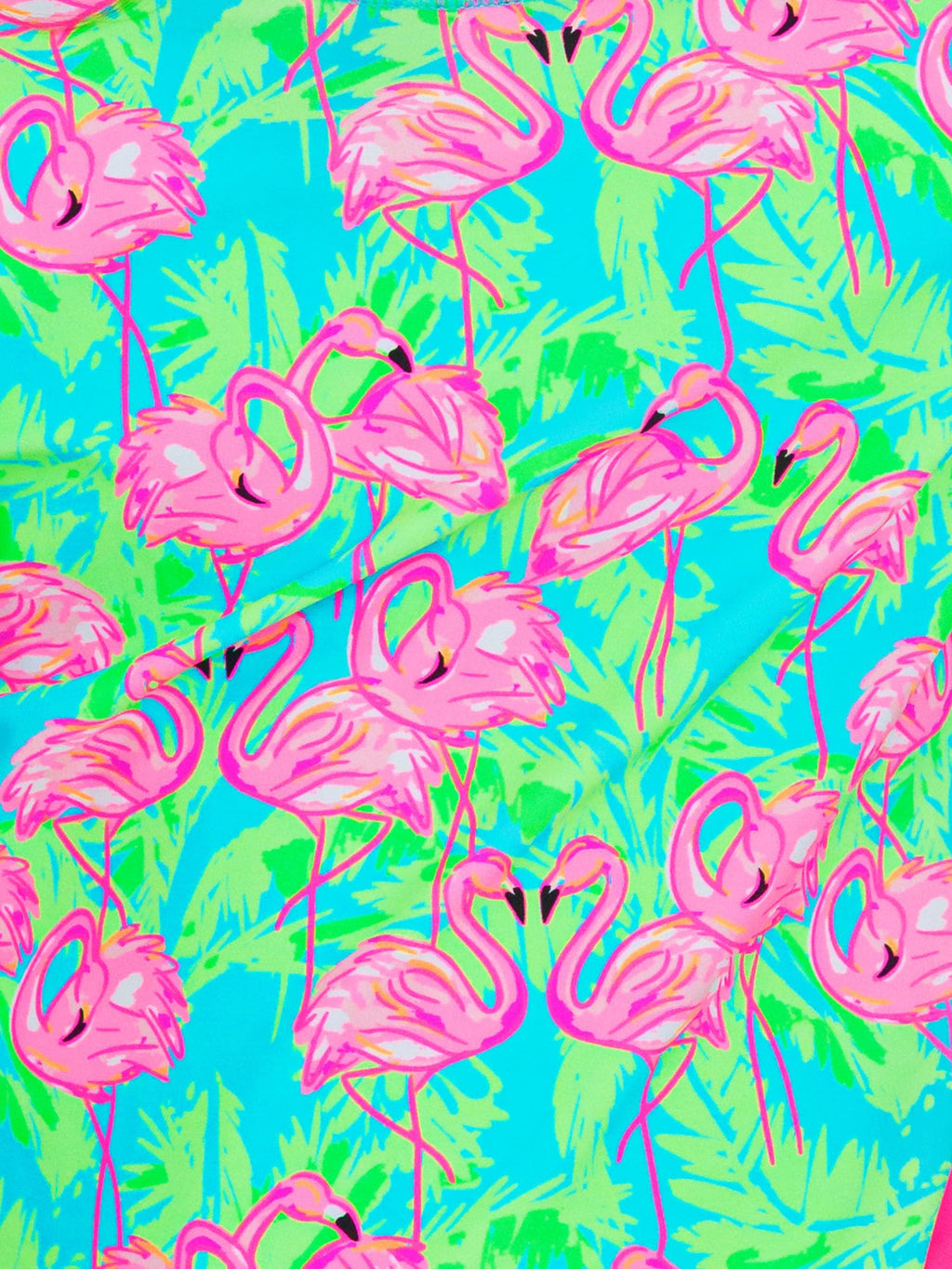 RuffleButts Baby Girls UPF 50+ Sun Protection Tropical Print Long Sleeve One Piece Rash Guard Swimsuit with Zipper - Neon Flamingo Fun, 12-18m