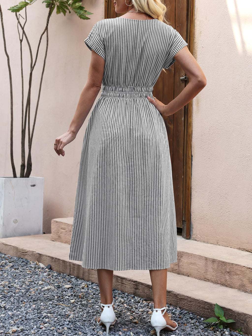 ANRABESS Womens Summer Midi Dress Striped Casual Short Sleeve Crewneck Empire Waist 2026 Flowy Long Beach Dress with Pockets Black White Stripe Large