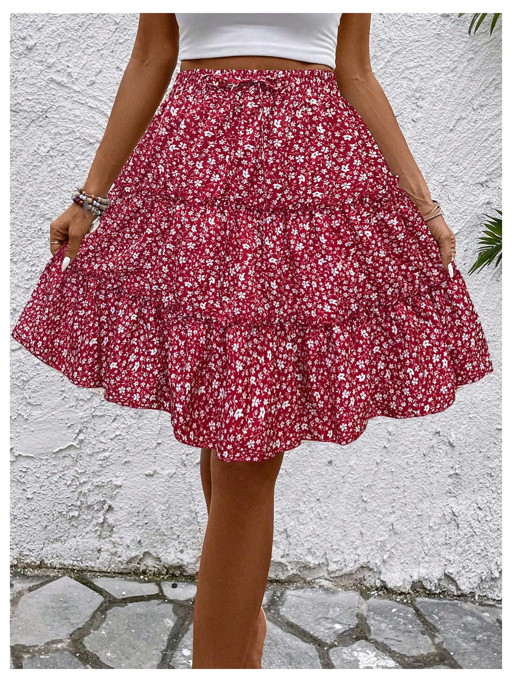 WDIRARA Women's Floral Print Ruffle Hem Elastic High Waist Tie Front Skirt Boho Red Large