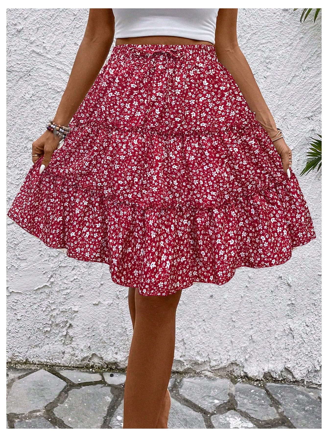 WDIRARA Women's Floral Print Ruffle Hem Elastic High Waist Tie Front Skirt Boho Red Large