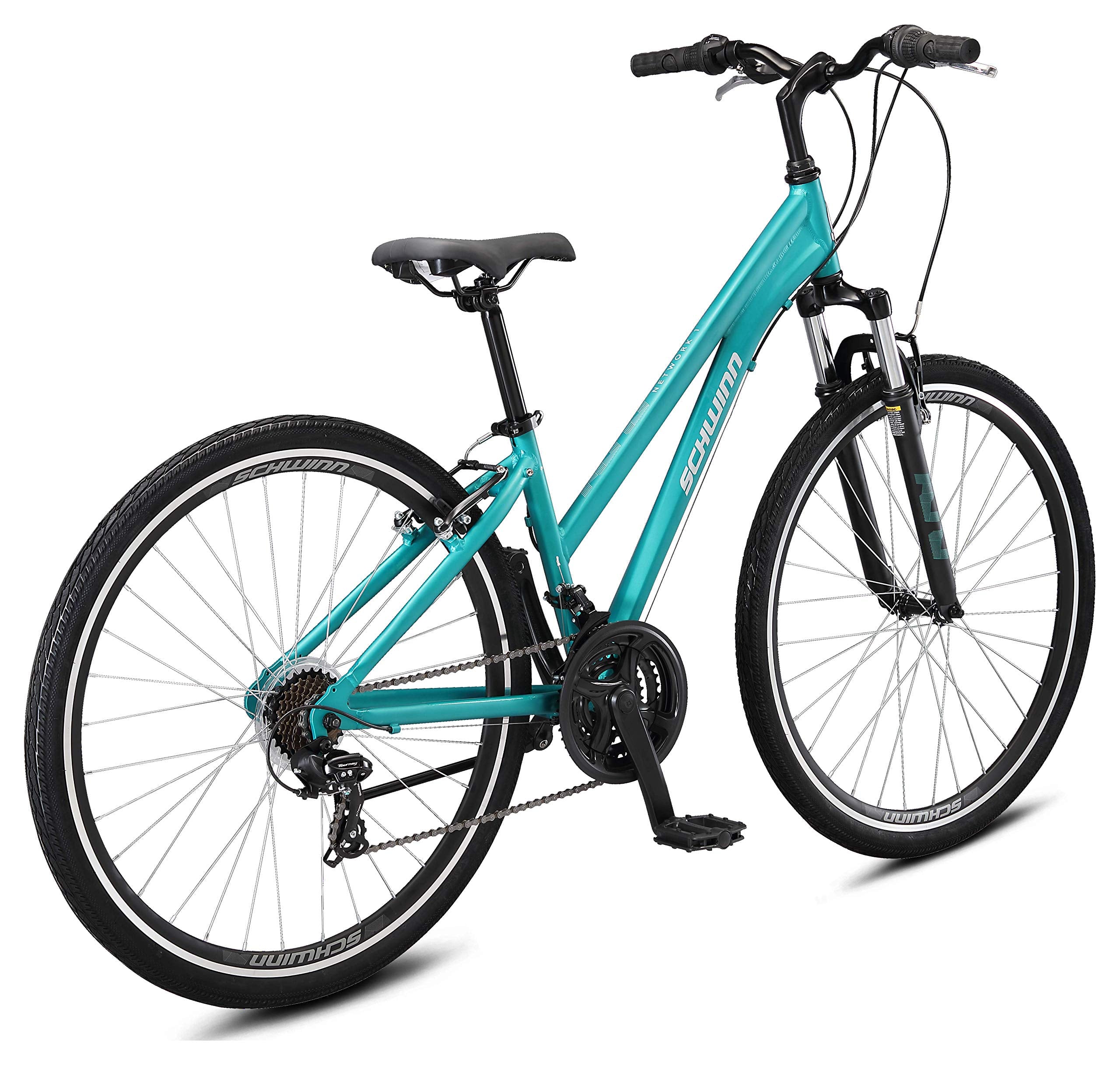 Schwinn Network 1 Hybrid Bike, 700c Mens and Womens Bike, 21-Speed Hybrid Bicycle, Aluminum Frame, Suspension Fork, Alloy Linear Pull Brakes, Adult Bicycle