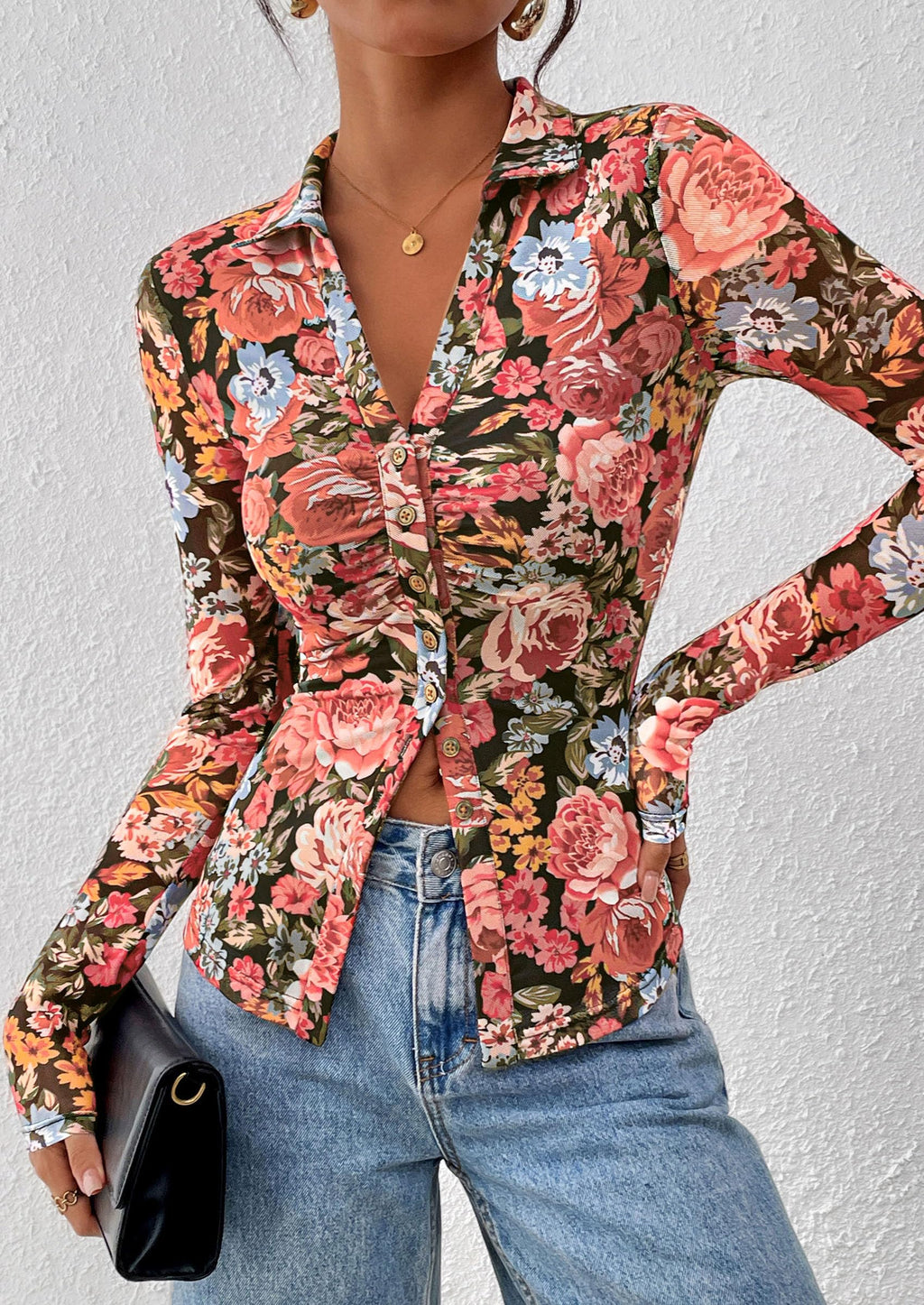 PRETTYGARDEN Women Button Down Floral Shirts 2026 Fall Trendy Long Sleeve V Neck Mesh Boho Blouse Spring Tops Date Outfits (Black Floral,Large)