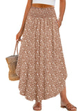 ANRABESS Women's Maxi Skirts Summer Boho Floral High Waisted Flowy Swing Pleated Beach Long Skirt with Pockets Brown Large