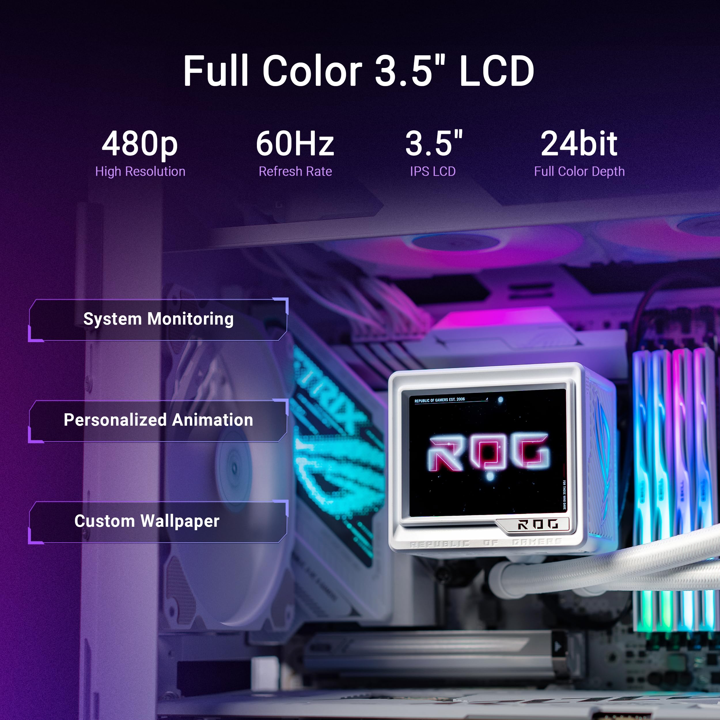 ASUS ROG RYUJIN III 360 ARGB EXTREME White Edition all-in-one AIO CPU liquid cooler, AMD Ryzen 9000 & Intel® Core™ Ultra Ready, Asetek Gen8 V2 pump;high airflow static pressure magnetic fans; 3.5" LCD
