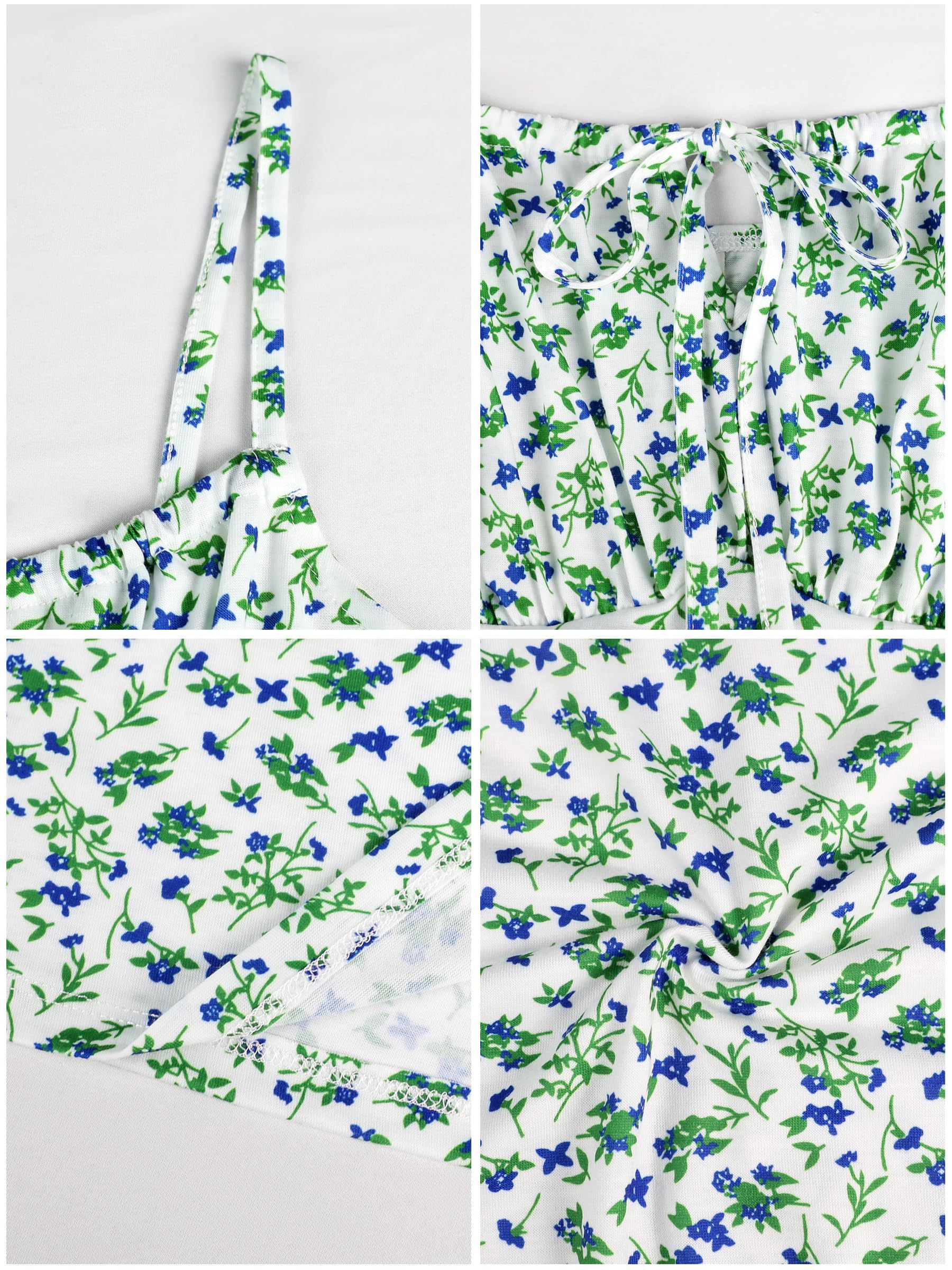 Missufe Women's Summer Floral Mini Dress Spaghetti Strap Sleeveless Tie Front A-Line Casual Beach Sundress (White, Small)