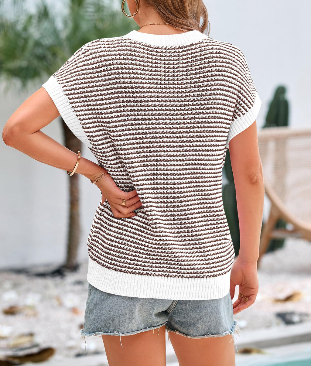PRETTYGARDEN Womens Short Sleeve Sweater Spring Summer 2026 Round Neck Striped Pullover Cap Sleeve Knit Sweater Vest Tops(Brown,X-Large)