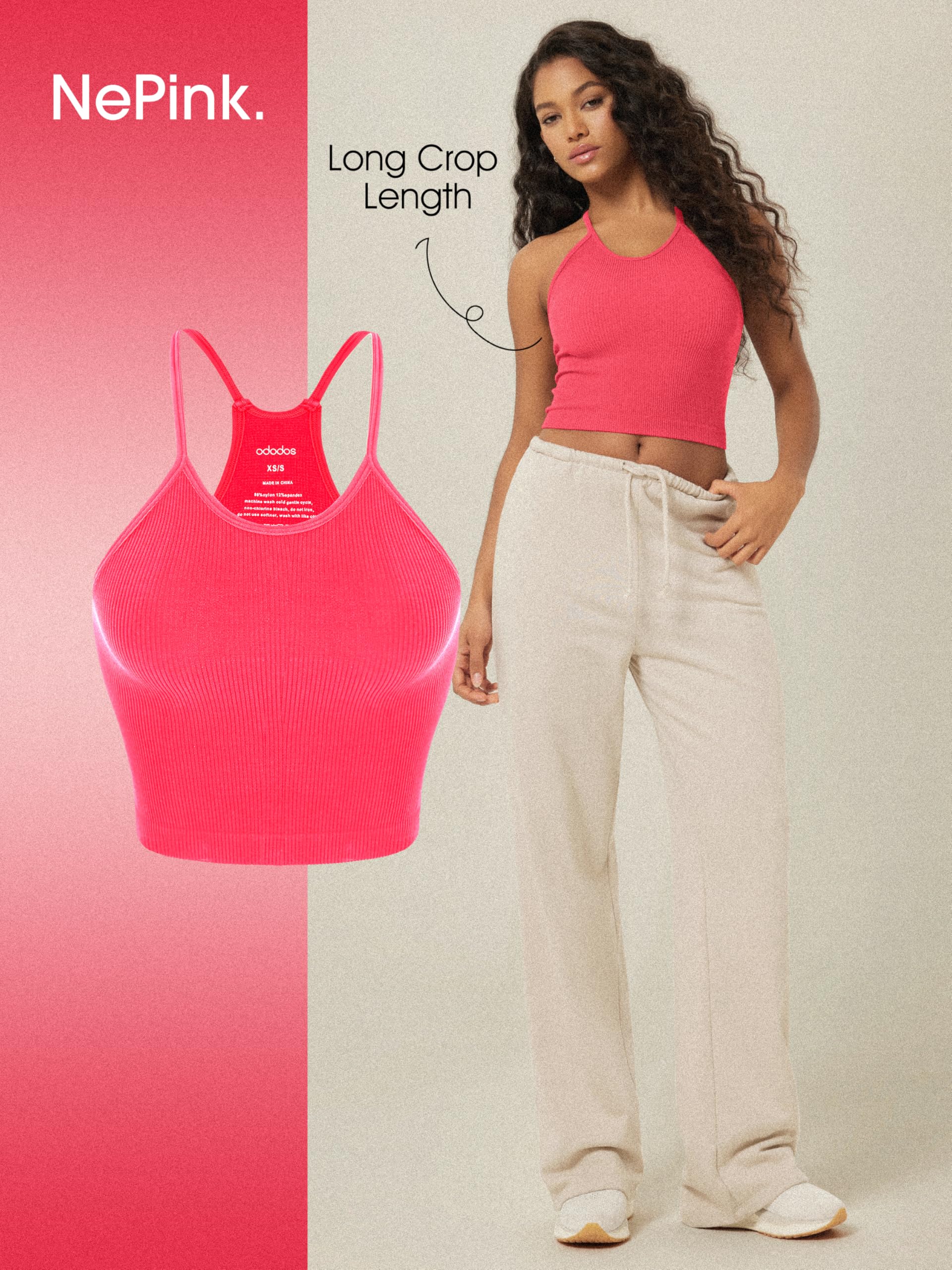 ODODOS Women's Crop 3-Pack Seamless Rib-Knit Camisole Crop Tank Tops, Long Crop, Neon Pink Green Orange, Medium/Large
