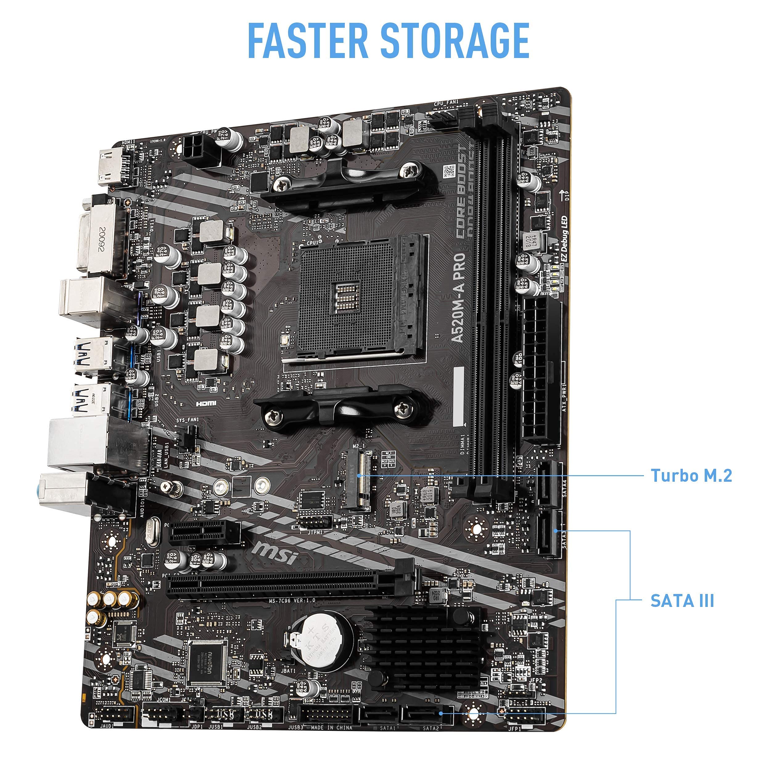 MSI A520M-A PRO Gaming Motherboard (AMD Ryzen 5000, AM4, DDR4, PCIe 3.0, SATA 6Gb/s, M.2, USB 3.2 Gen 1, DVI/HDMI, Micro-ATX)