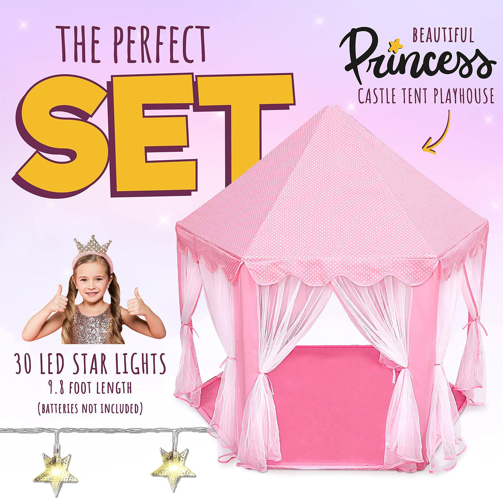 ORIAN Princess Castle Play Tent for Girls, LED Star Lights, Indoor & Outdoor Playhouse, Polyester, Pink, 55" x 53", Toddler & Kids Toys Ages 2–7