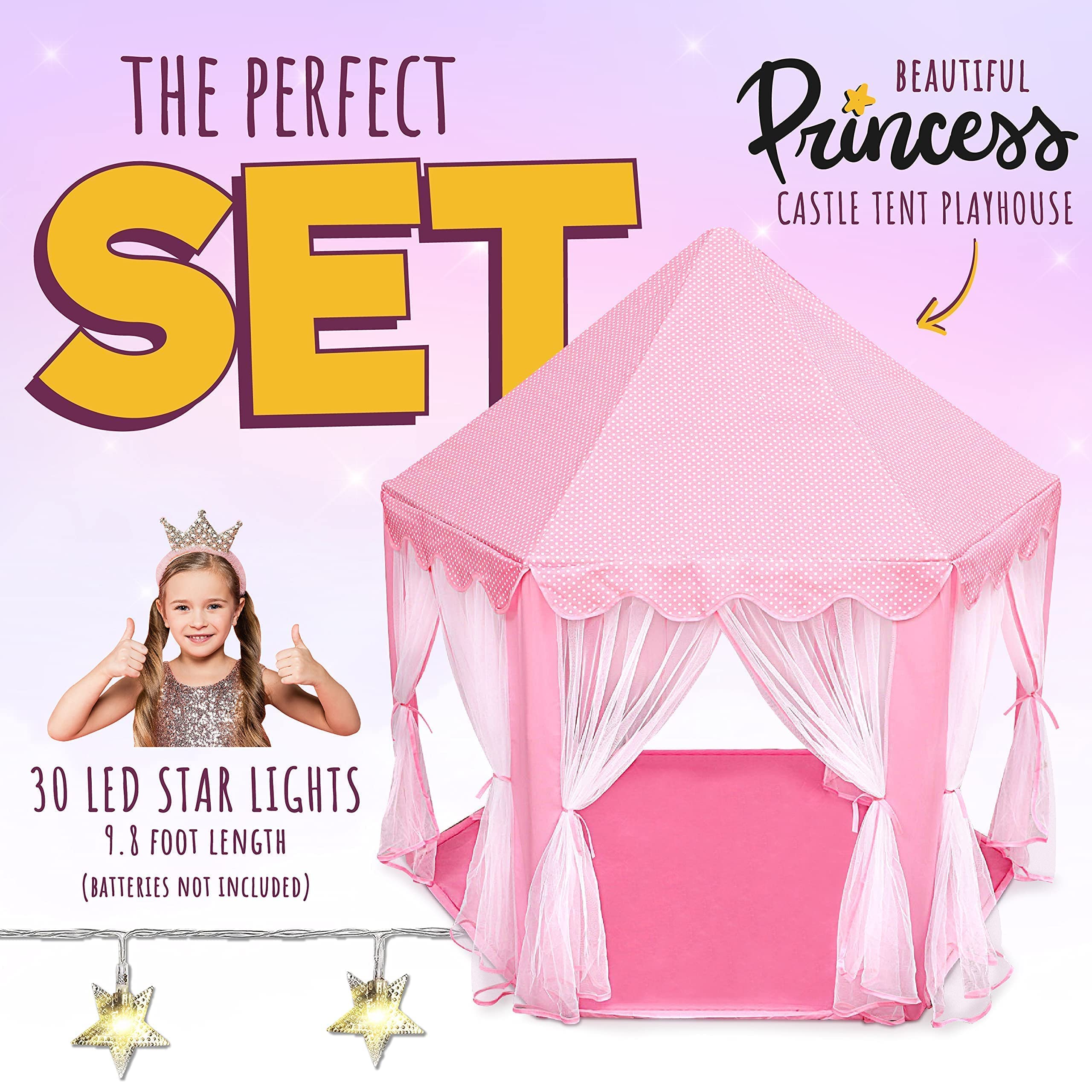 ORIAN Princess Castle Play Tent for Girls, LED Star Lights, Indoor & Outdoor Playhouse, Polyester, Pink, 55" x 53", Toddler & Kids Toys Ages 2–7