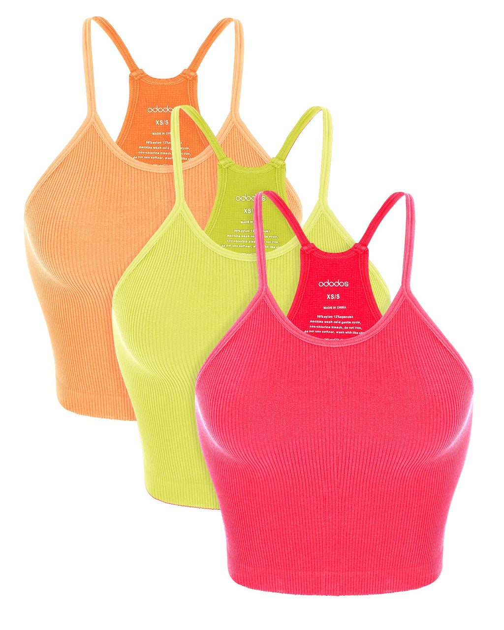ODODOS Women's Crop 3-Pack Seamless Rib-Knit Camisole Crop Tank Tops, Long Crop, Neon Pink Green Orange, Medium/Large