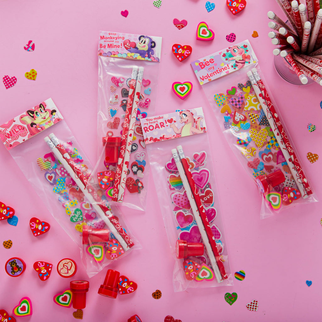 JOYIN 36 Packs Valentine Stationery Kids Gift Set, Classroom Exchange Party Favor for Holiday Reward Prizes - Includes Pencils, Erasers, Stamper, Stickers