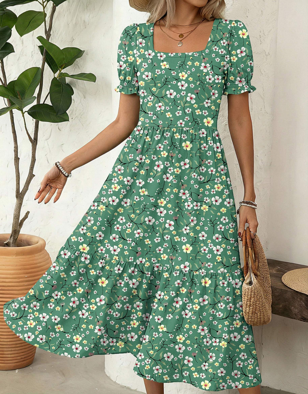 Zeagoo Womens Dresses Summer Casual Midi Dress Floral Sundresses with Pockets Womens Beach Vacation Dress Square Neck A Line Dresses L