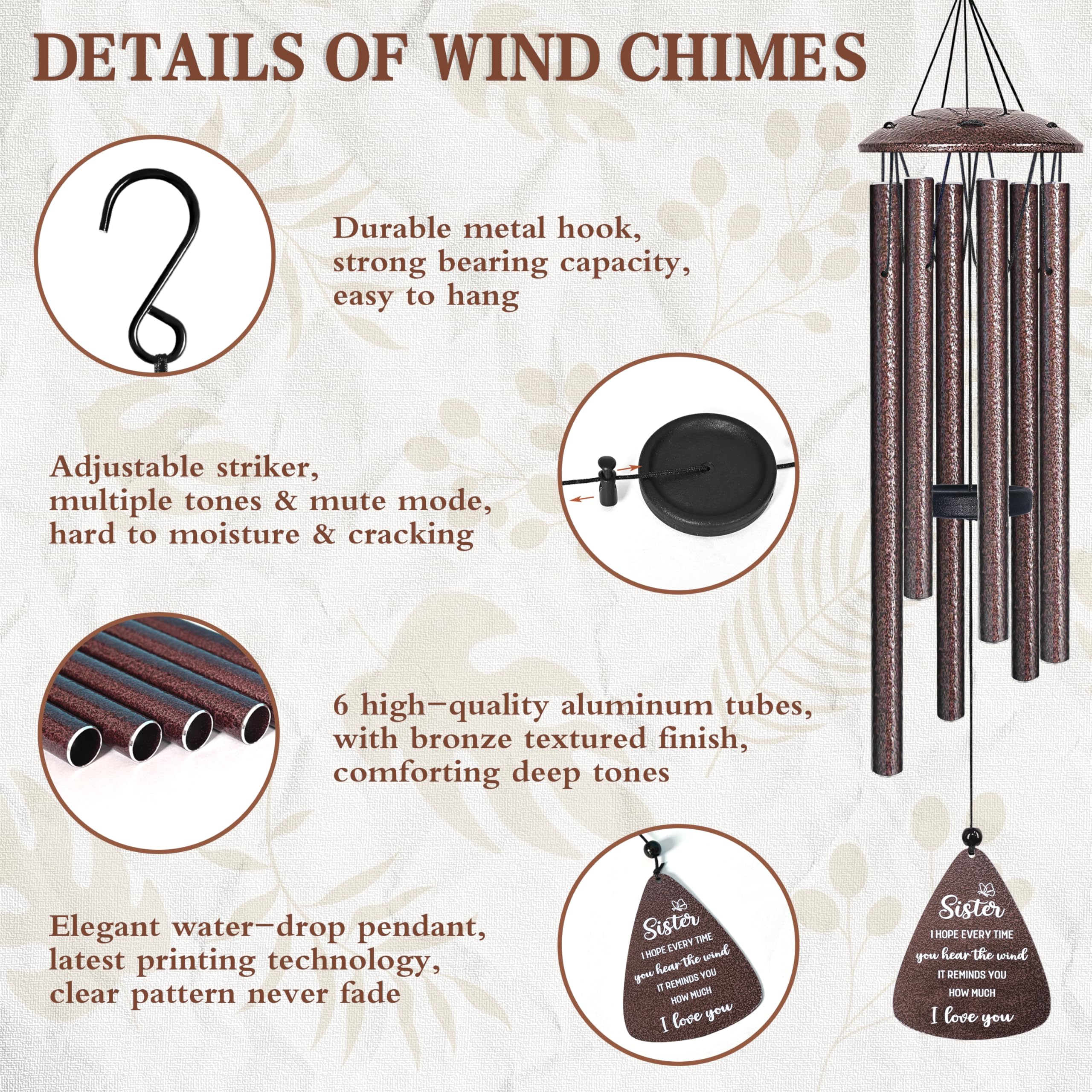 Sister Gifts, 32" Bronze Wind Chimes, Sister's Birthday Gifts from Sisters Brother, Sisters in Law Gift, Best Sister Ever Gift for Women Birthday Christmas Mother's Day, Home Decor