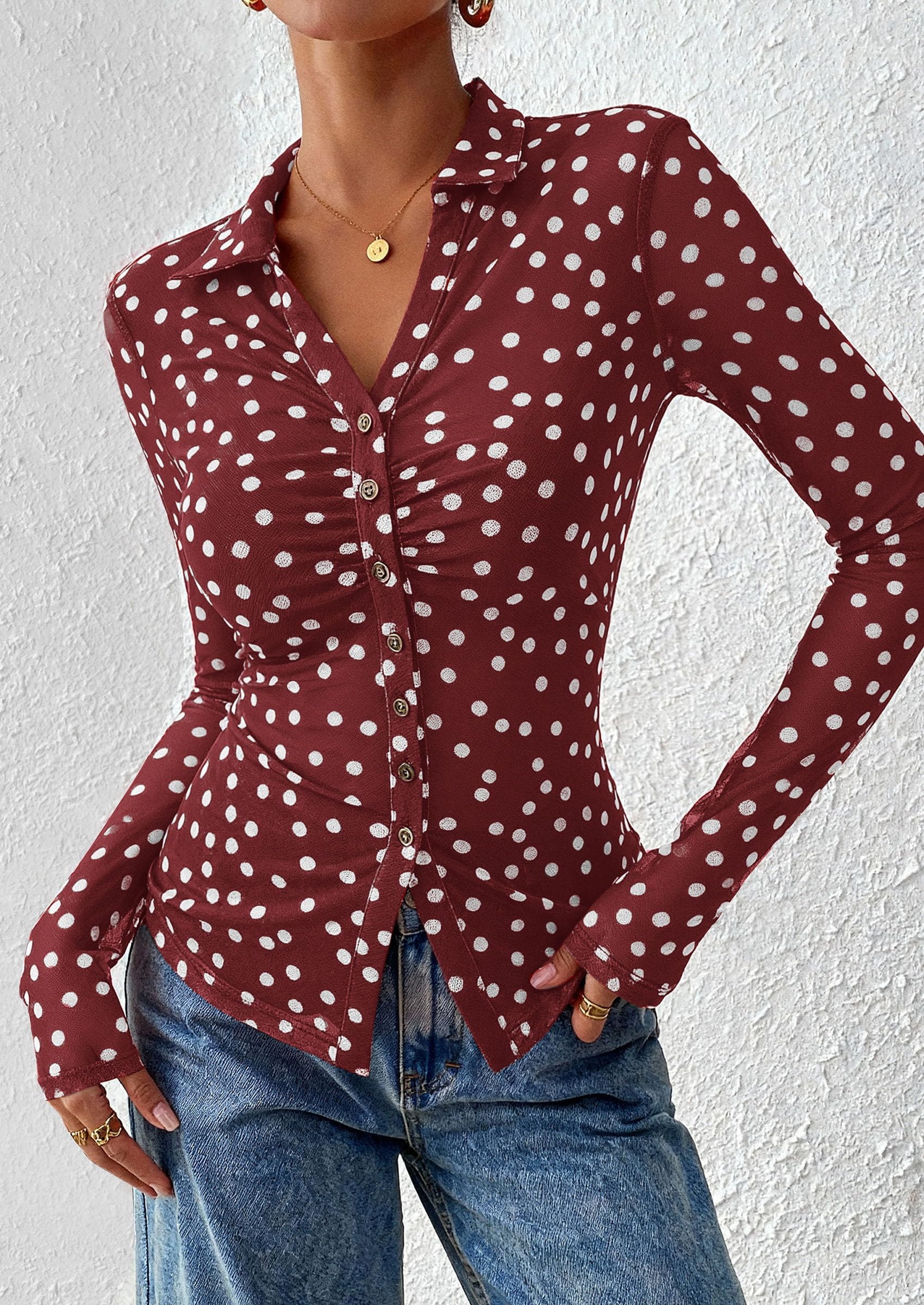 PRETTYGARDEN Women Button Down Floral Shirts 2026 Fall Trendy Long Sleeve V Neck Mesh Boho Blouse Spring Tops Date Outfits (01 Dot Burgundy White,Large)