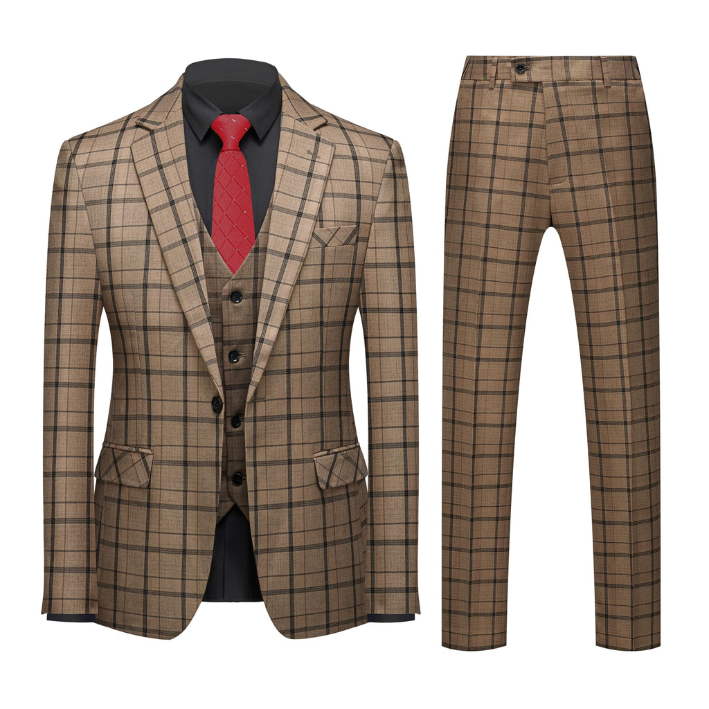 MOGU Suits for Men, 3-Piece Plaid Suit Set with Blazer, Vest and Pants for Wedding, Prom, Business (X-Large, Khaki)