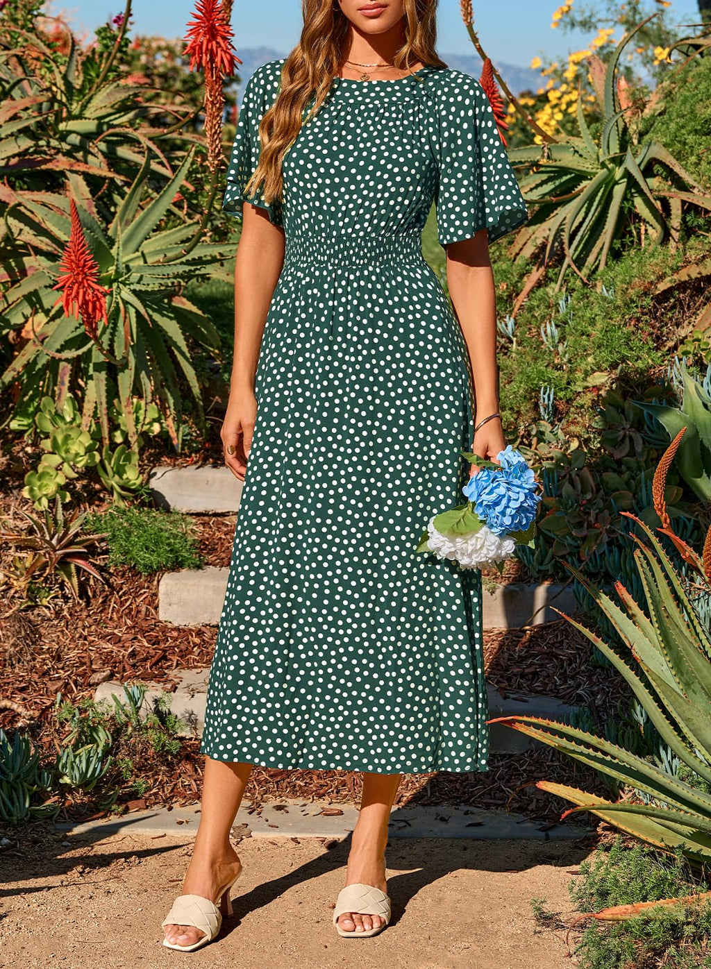 Dokotoo Spring Dresses for Women 2026 Womens Empire Waist Smocked A Line Midi Maxi Dress Polka Dot Flutter Short Sleeve Flowy Summer Casual Boho Dress Easter Green Large