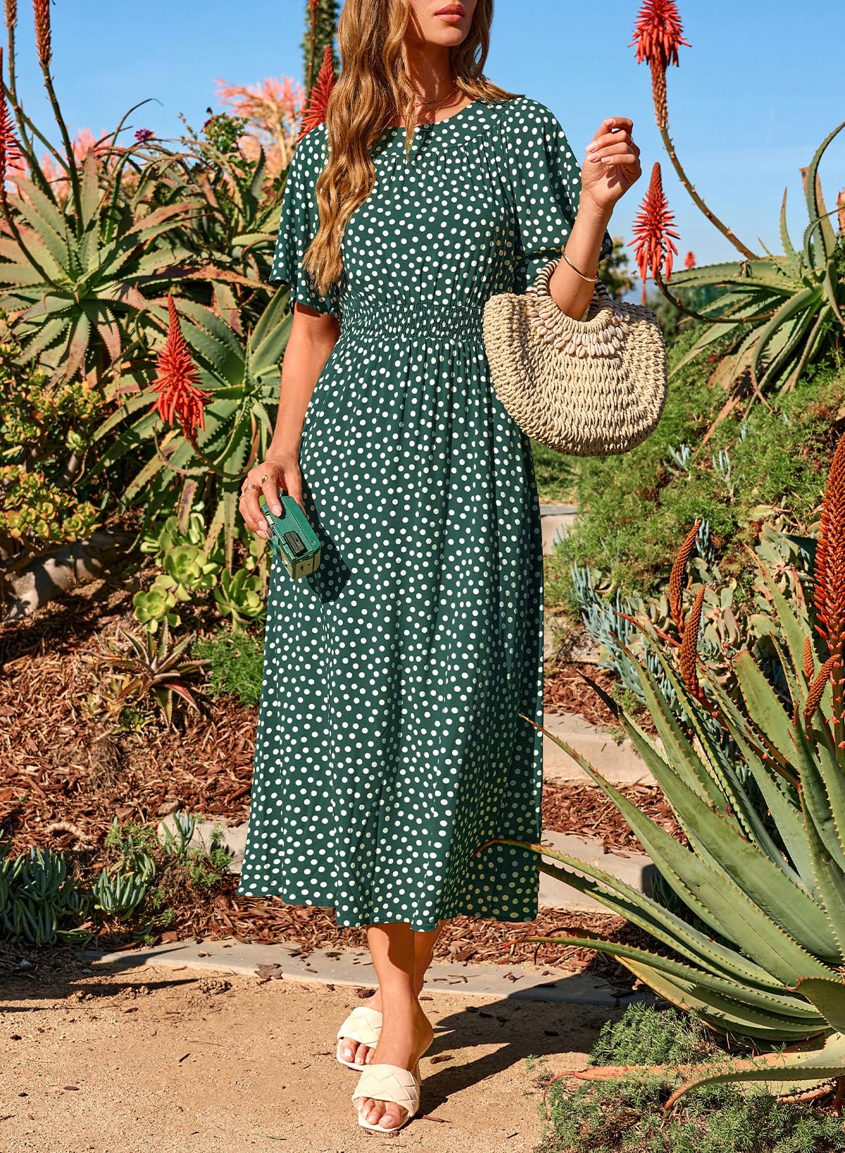 Dokotoo Spring Dresses for Women 2026 Womens Empire Waist Smocked A Line Midi Maxi Dress Polka Dot Flutter Short Sleeve Flowy Summer Casual Boho Dress Easter Green Large