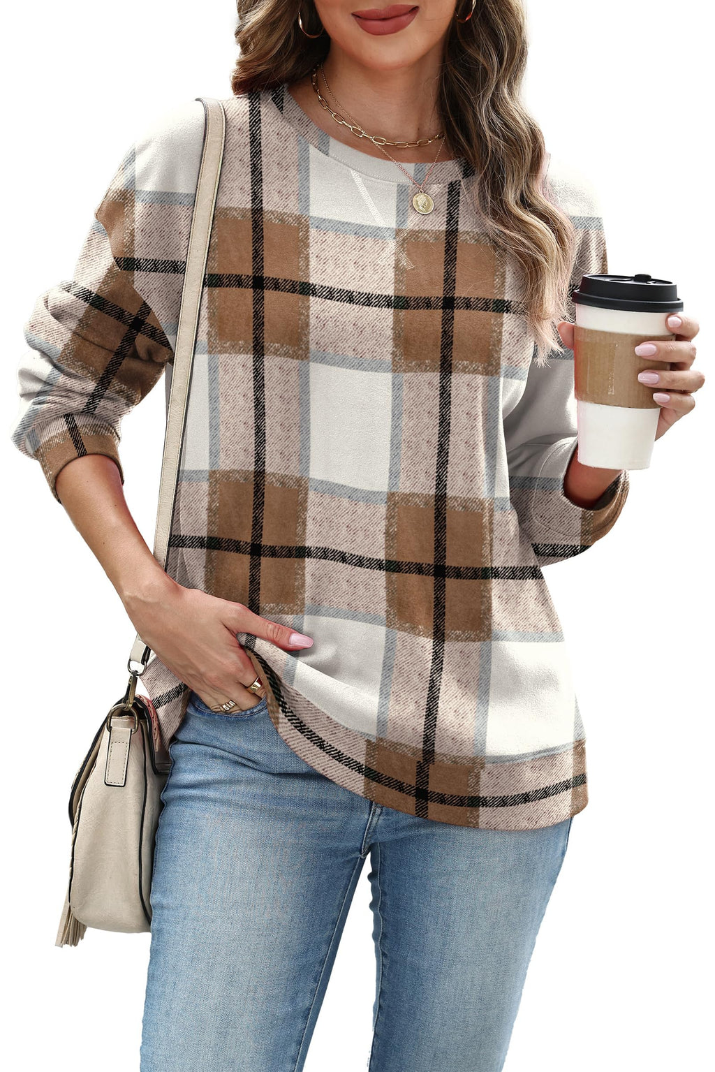 RUMIA Sweatshirt for Women Fall Fashion Clothes Crewneck Fall Outfits Tops for Women 2025 Ladies Pullover Long Sleeve T Shirts Trendy Beige Plaid L