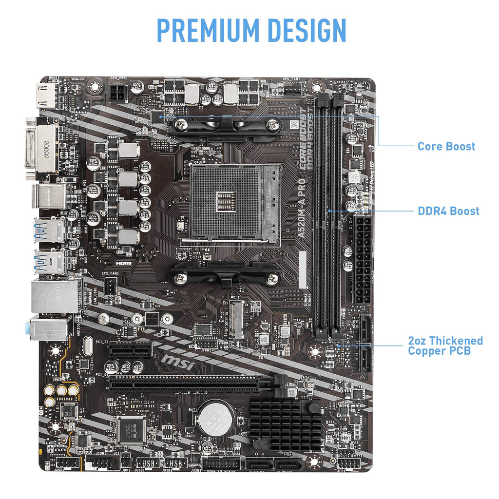 MSI A520M-A PRO Gaming Motherboard (AMD Ryzen 5000, AM4, DDR4, PCIe 3.0, SATA 6Gb/s, M.2, USB 3.2 Gen 1, DVI/HDMI, Micro-ATX)