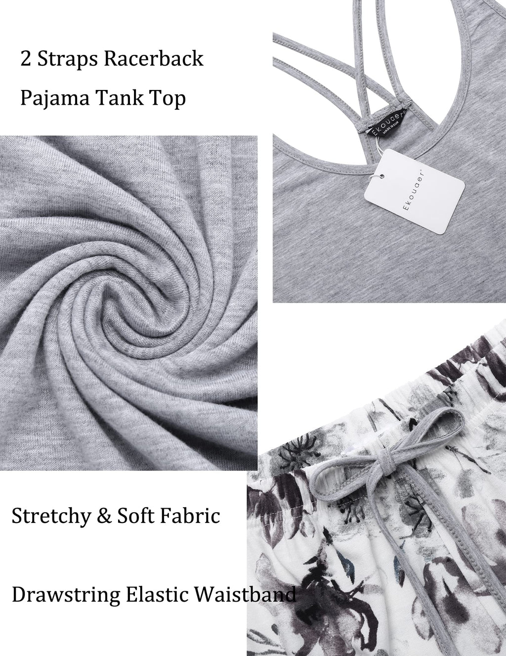 Ekouaer Womens Cami Pajama Set Sleeveless Racerback Tank Top Pjs Soft Sleepwear Light Grey Floral Medium