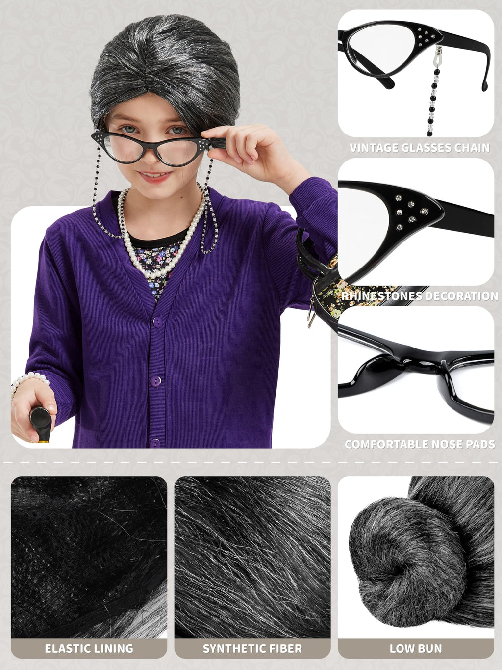 Gnodio Old Lady Costume for Kids 100 Days of School Costume for Girls 100th Day of School Granny Old Lady Dress Up Accessory Purple 5-7X