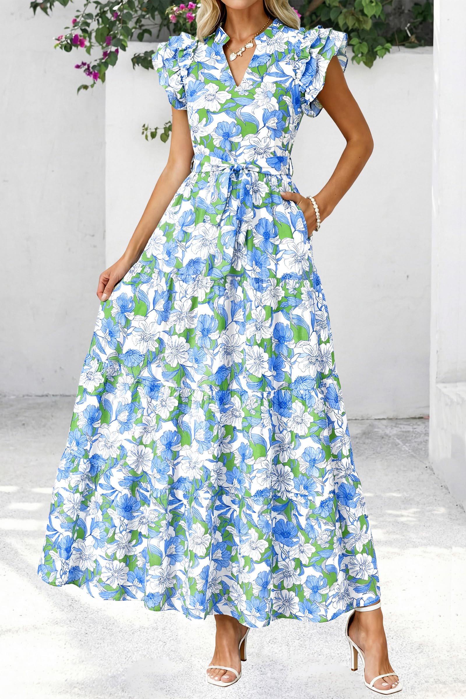 dowerme Women Summer Maxi Dresses 2026 Ruffle Sleeve V Neck Floral Boho Long Dress Belted Tiered Sundress with Pockets(Floral White Multicolored,Small)