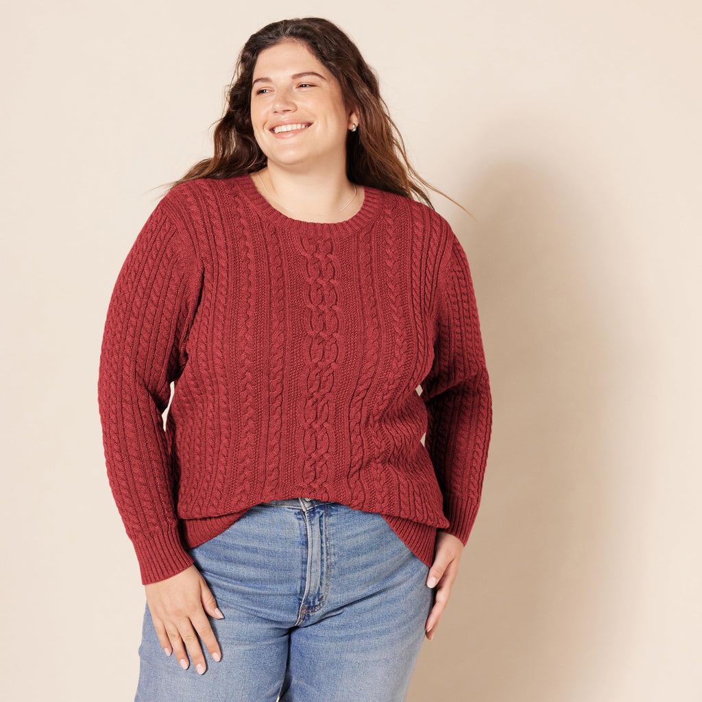 Amazon Essentials Women's Soft Fisherman Cable Knit Long-Sleeve Crewneck Sweater (Available in Plus Size), Dark Red, Large