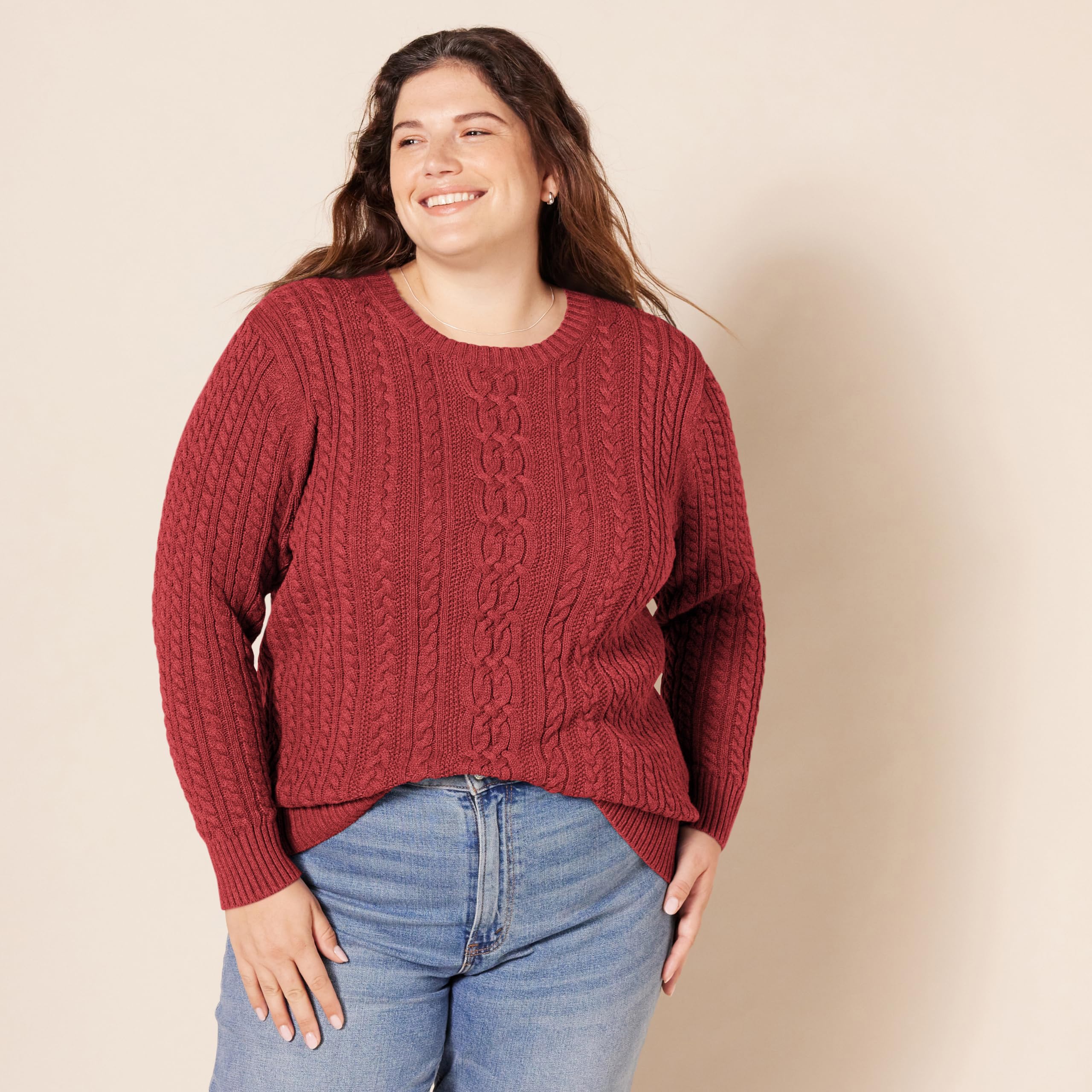 Amazon Essentials Women's Soft Fisherman Cable Knit Long-Sleeve Crewneck Sweater (Available in Plus Size), Dark Red, Large