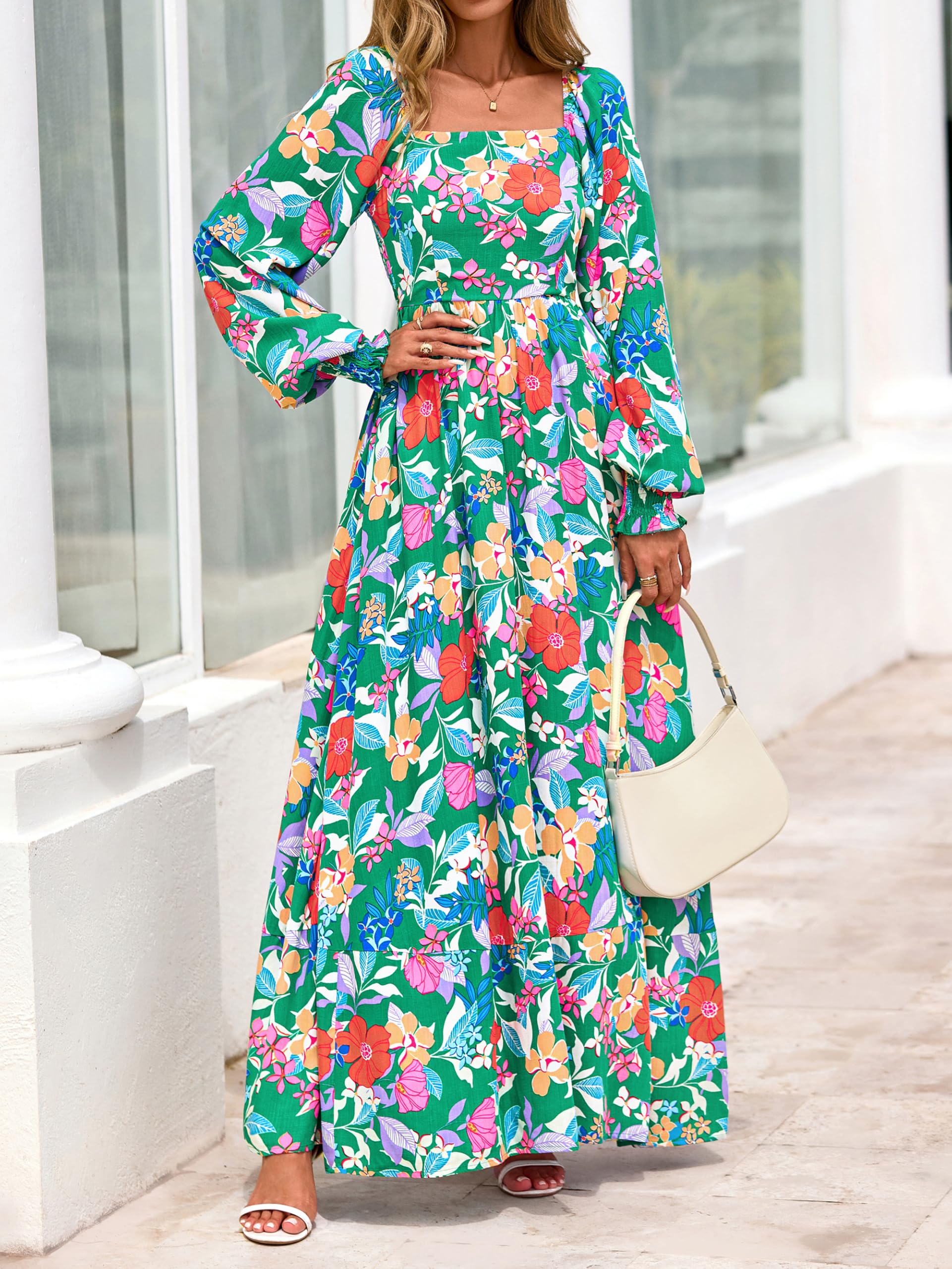 PRETTYGARDEN Women Floral Maxi Dresses 2026 Spring Long Sleeve Square Neck Boho A Line Wedding Guest Casual Flowy Long Dress(Green Floral,X-Large)